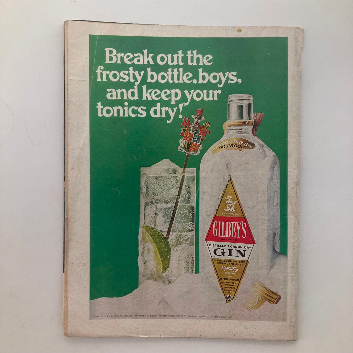 Back cover of VTG Newsweek Magazine July 14 1969 featuring a vintage advertisement for Gilbey's gin, highlighting the culture and promotions of the time.