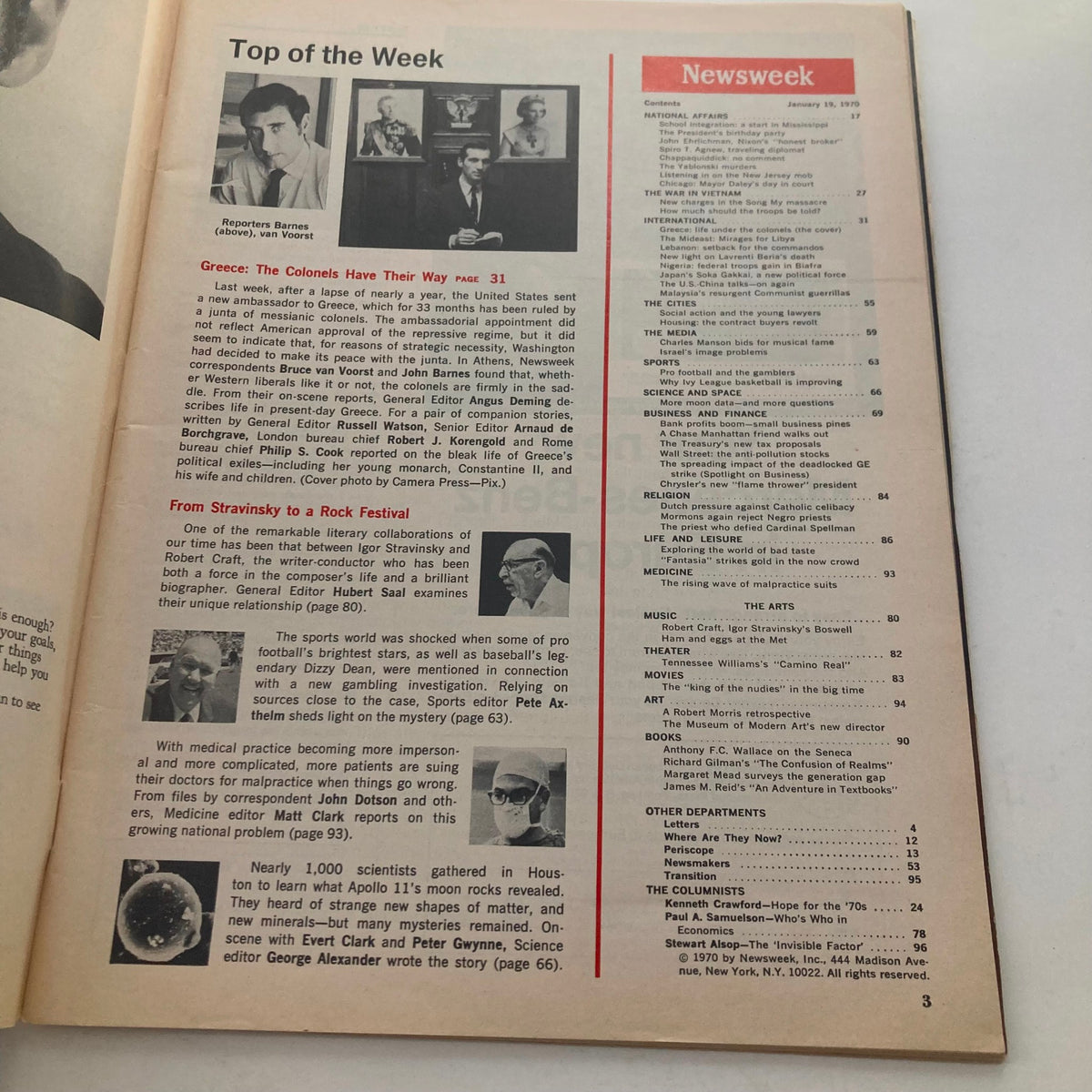 Interior contents page of the VTG Newsweek Magazine January 19 1970 showcasing articles including coverage of George Papadopoulos and various global affairs.