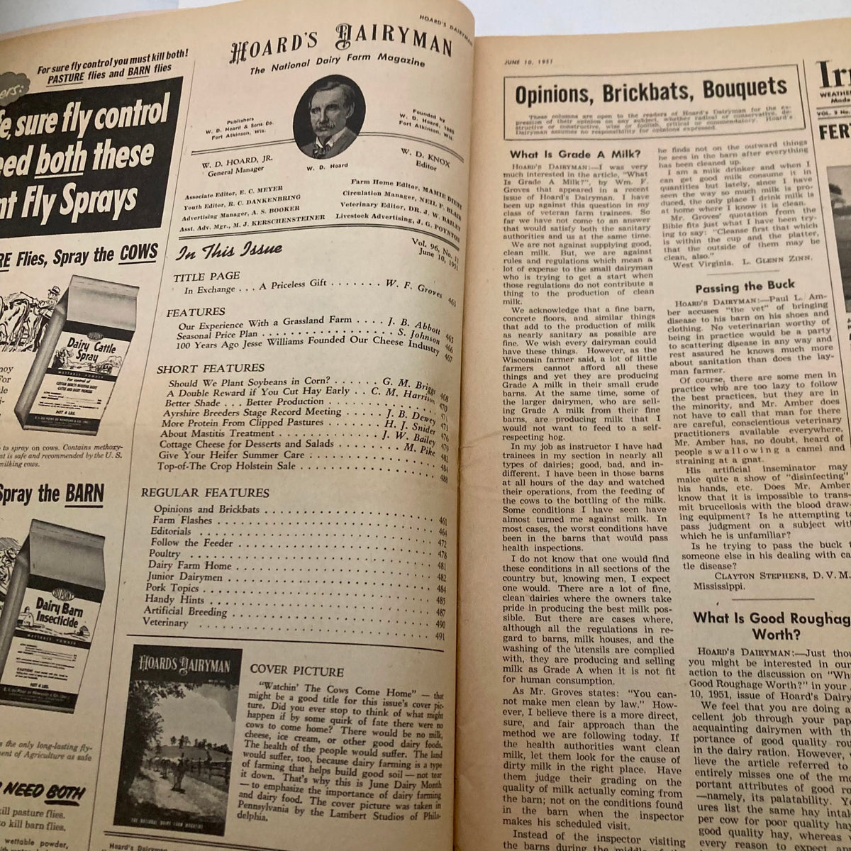 Interior page of VTG Hoard's Dairyman Magazine June 10 1951 showcasing articles and features related to dairy farming.