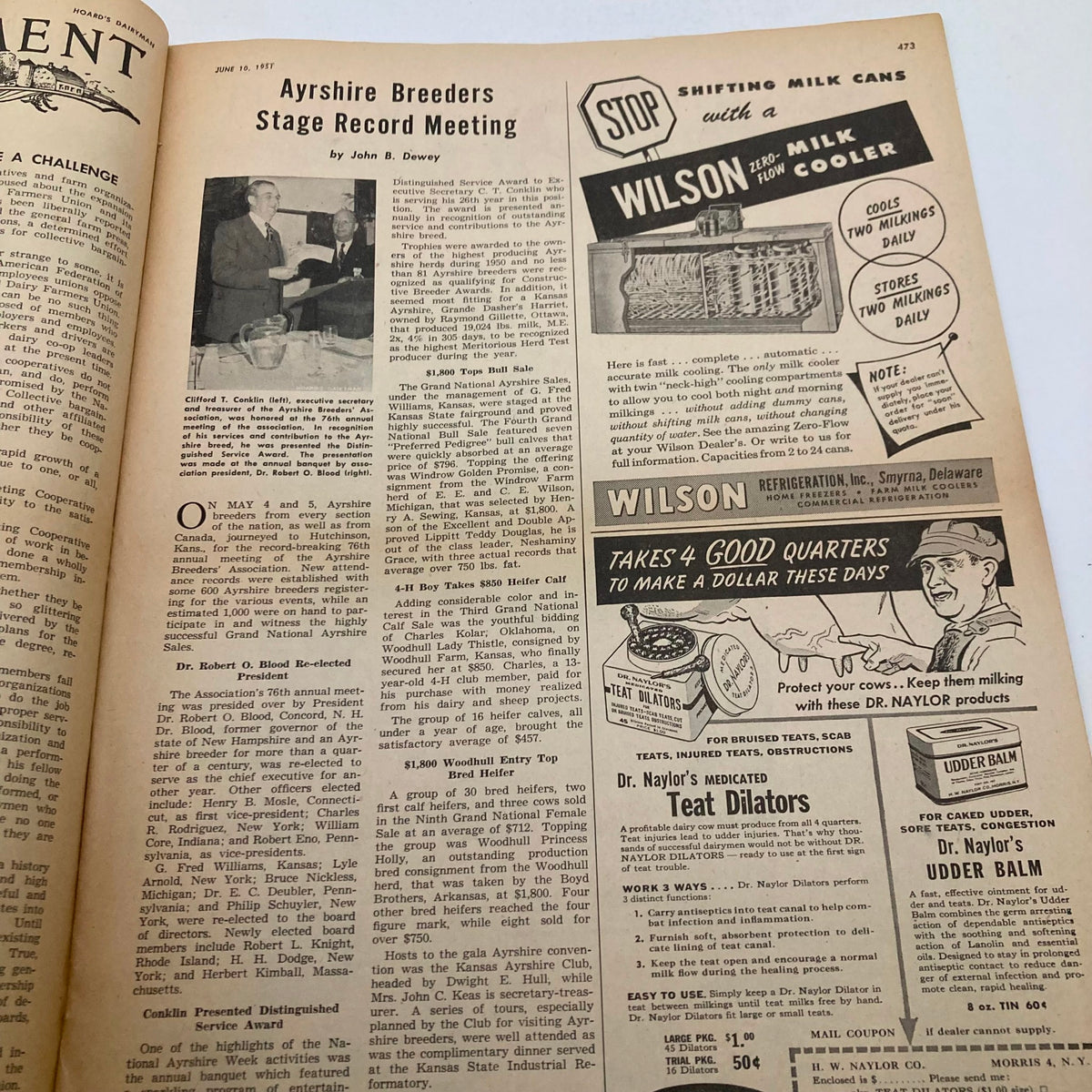 Interior page of VTG Hoard's Dairyman Magazine June 10 1951 featuring an article on Ayrshire Breeders and advertisement for milk cooling equipment.