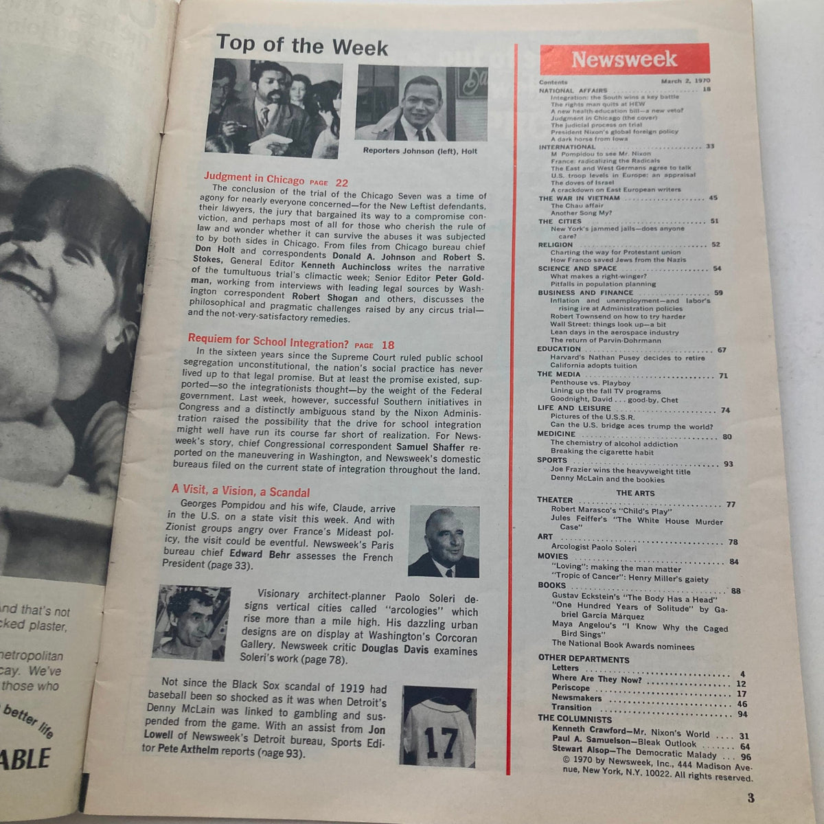 Inside page of the VTG Newsweek Magazine March 2 1970 showing the Table of Contents with headlines related to Judge Julius J. Hoffman and notable events of the industry and culture.