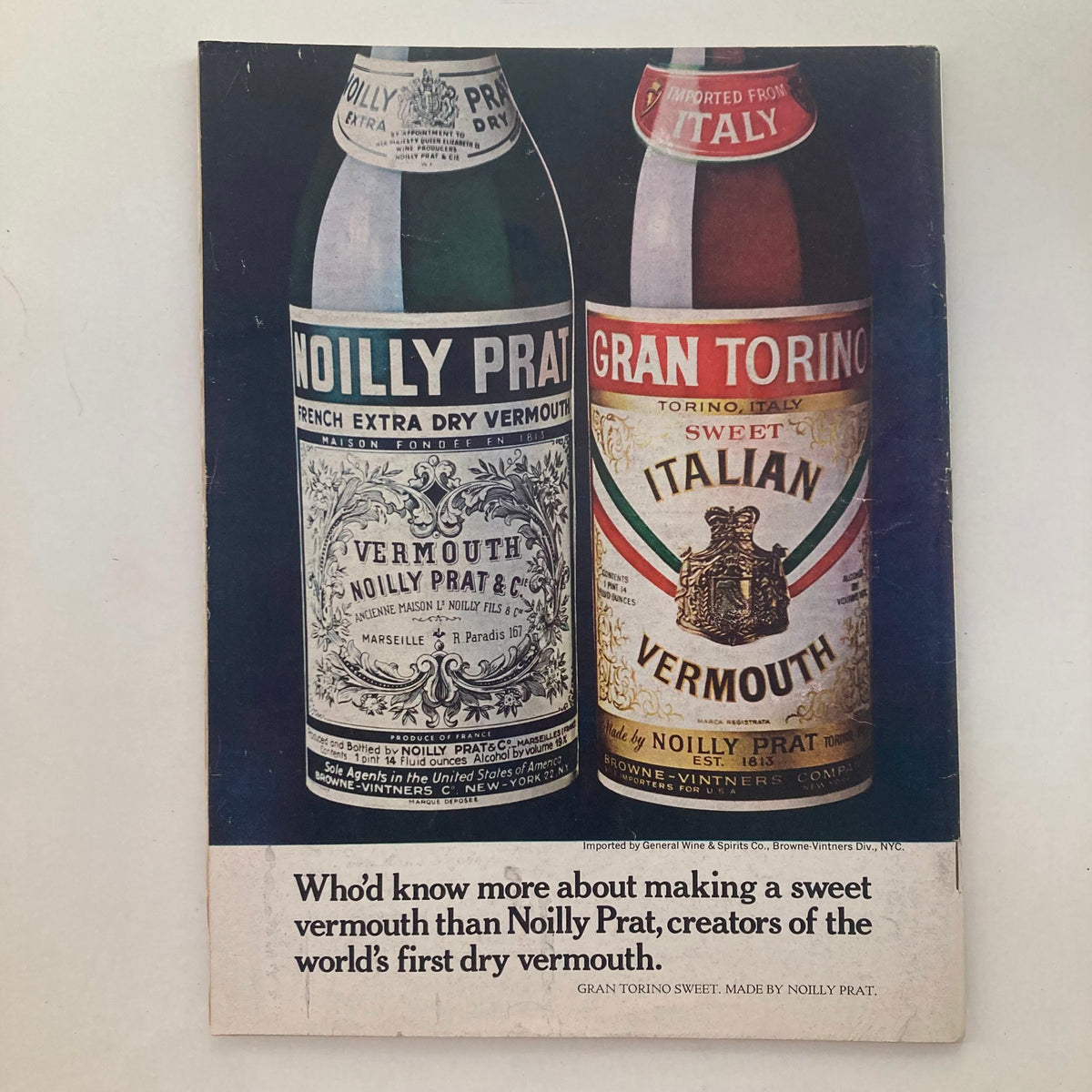 Advertisement page from Vintage Newsweek magazine October 12, 1970, displaying bottles of Noilly Prat and Gran Torino vermouth.