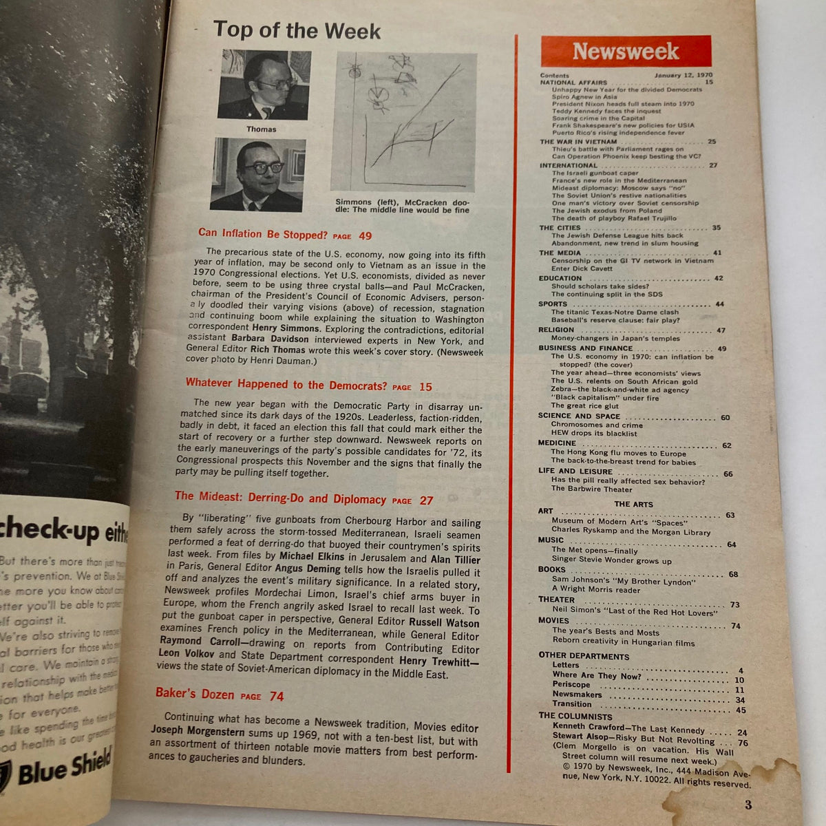 Interior page of VTG Newsweek Magazine January 12 1970 containing an article titled 'Can Inflation Be Stopped?' alongside various section headings related to political and economic issues.
