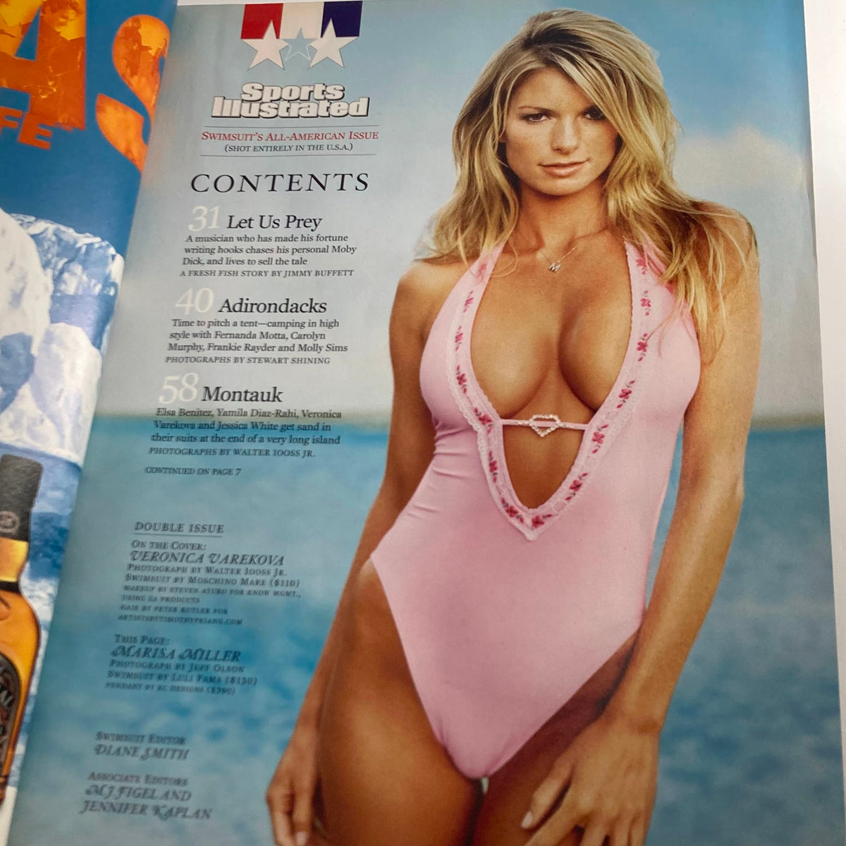 Contents page from the Sports Illustrated Magazine Winter 2004 with Veronica Varekova featured, highlighting articles and photographs within the swimsuit edition.
