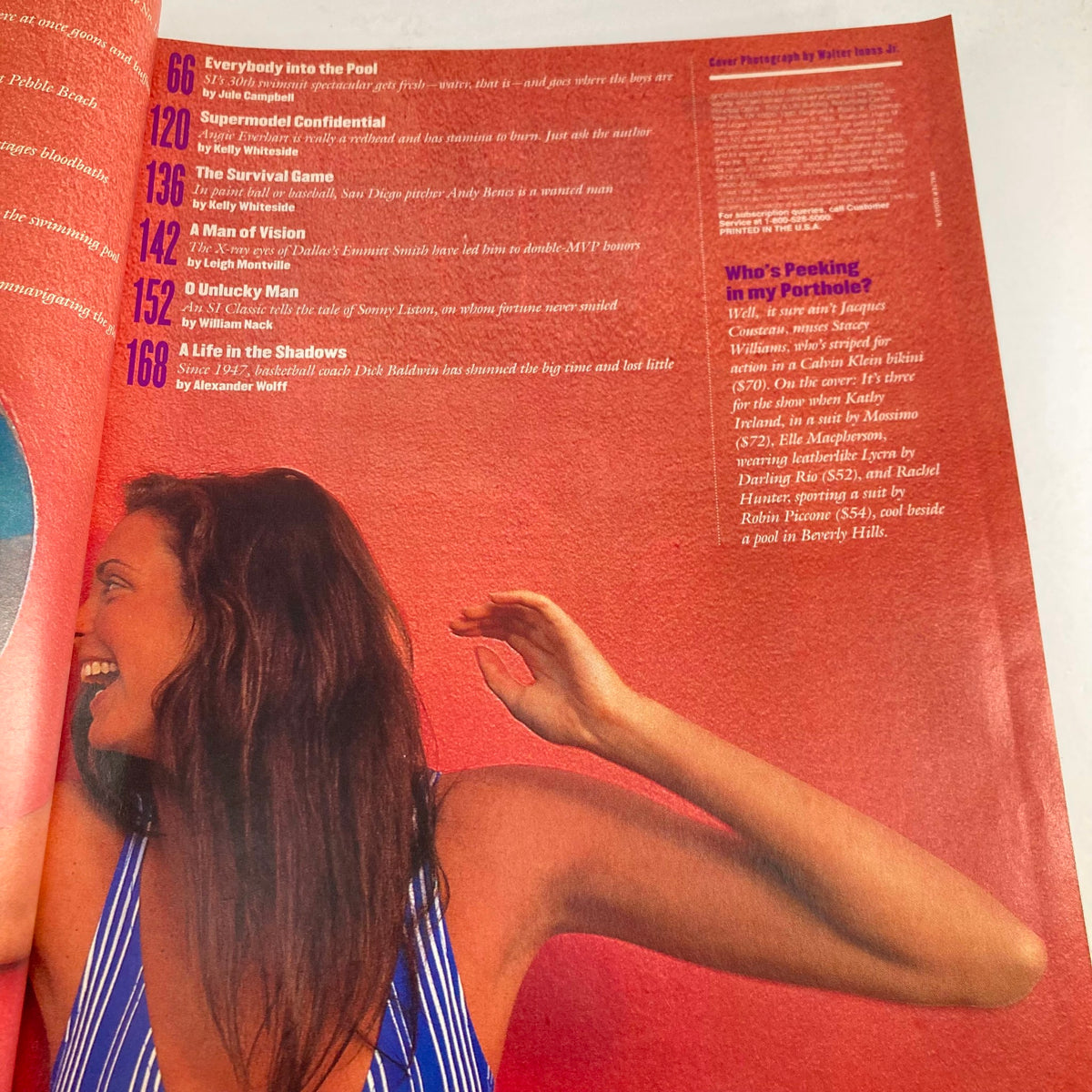 Another inside page of Sports Illustrated Magazine February 14 1994, highlighting articles such as 'Everybody into the Pool' and 'Supermodel Confidential'. The page includes a model enjoying herself by a pool.