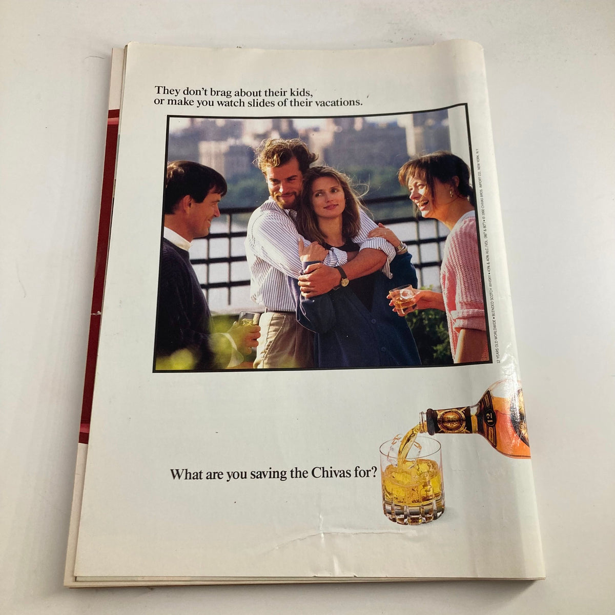 Illustration from Sports Illustrated Magazine February 11 1991 showcasing a social gathering with diverse individuals enjoying drinks, with a tagline about Chivas whiskey.