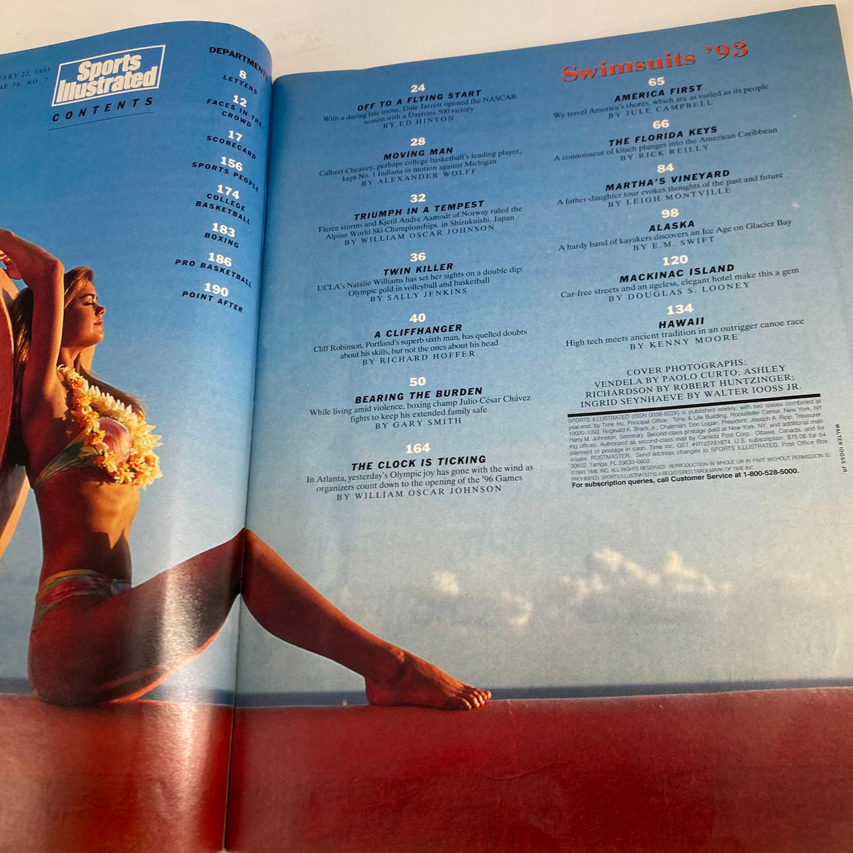 Contents page of Sports Illustrated Magazine February 22 1993, highlighting articles and features including the Swimsuits '93 section.