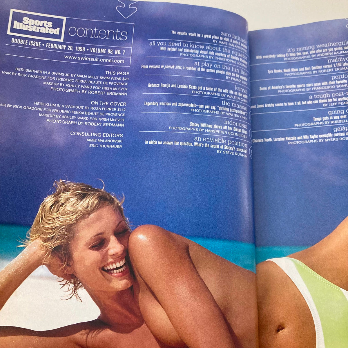 Contents page of Sports Illustrated Magazine Winter 1998, displaying articles and models featured in the issue, emphasizing its vintage fashion and swimsuit theme.