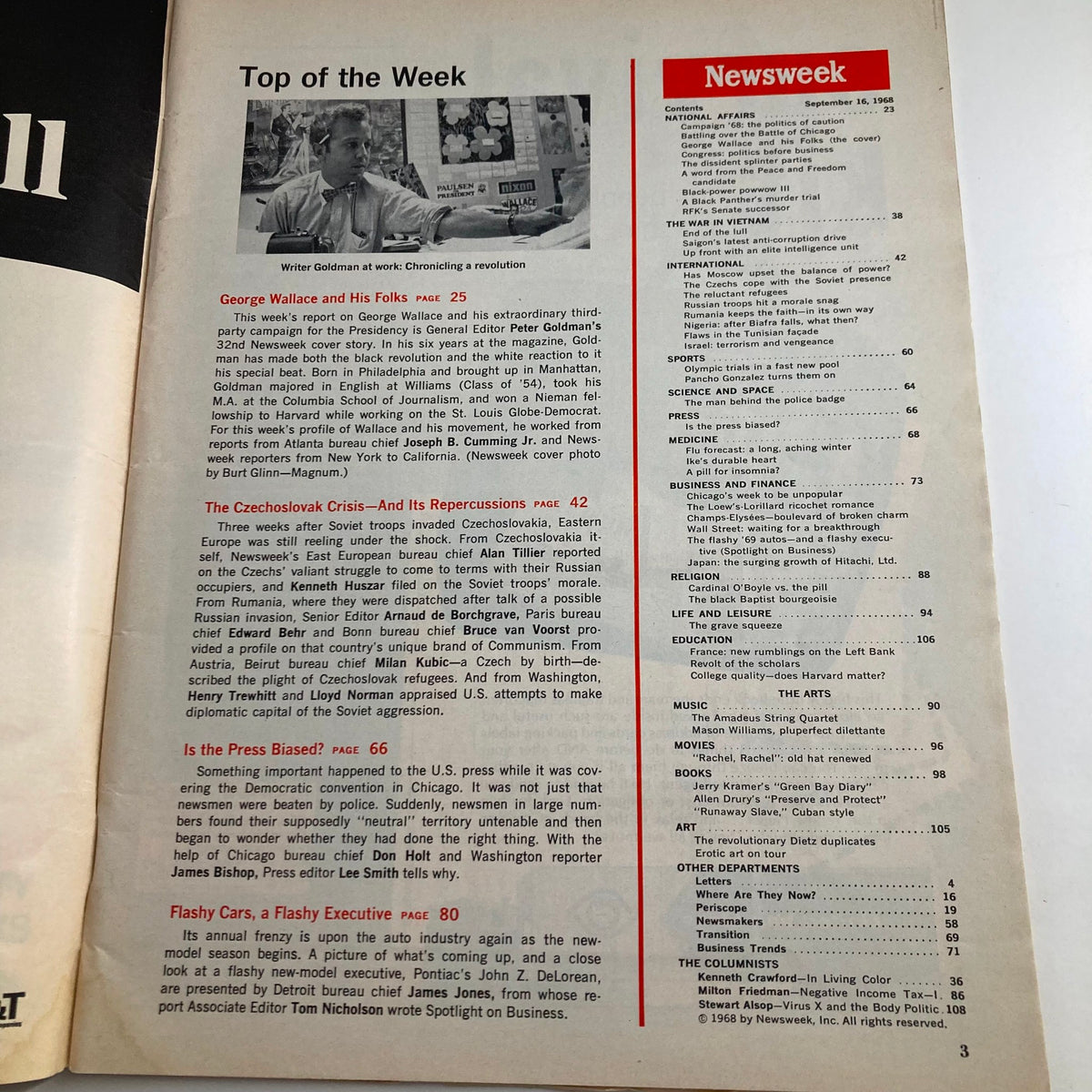 Inside page of VTG Newsweek Magazine September 16 1968 featuring an article on George Wallace and notable news topics of the week.