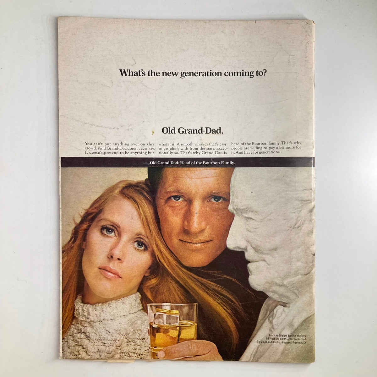 Back cover of VTG Newsweek Magazine September 16 1968 showcasing an advertisement for Old Grand-Dad bourbon with a striking visual.
