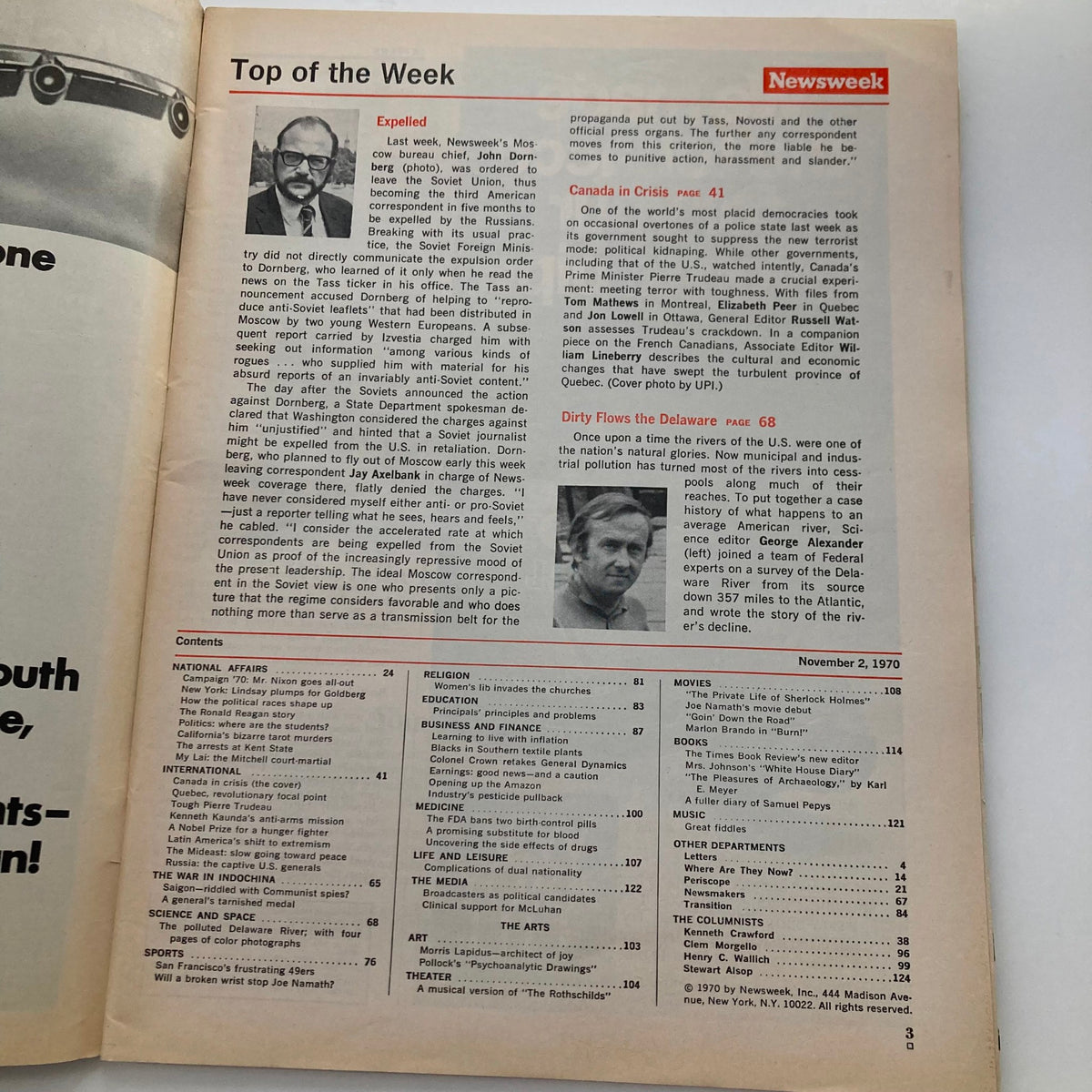 Inside page of VTG Newsweek Magazine November 2 1970 displaying the table of contents, including articles related to Canada in Crisis and political events of the time.