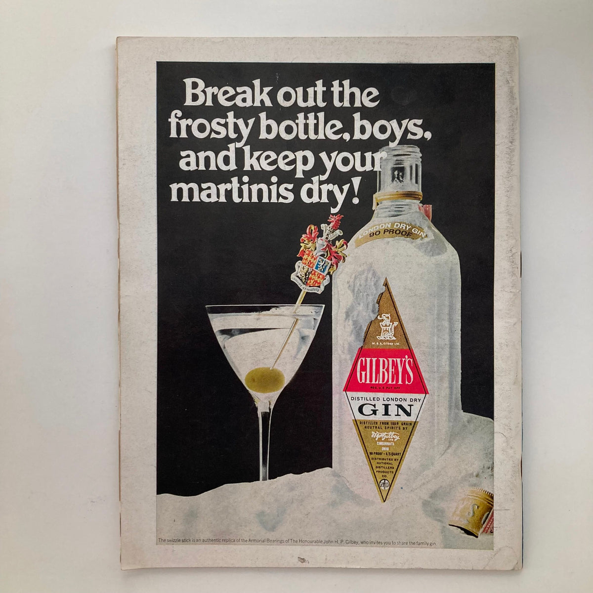 Back cover of VTG Newsweek Magazine November 2 1970 advertising Gilbey's London Dry Gin with an image of a martini and cocktail glass.