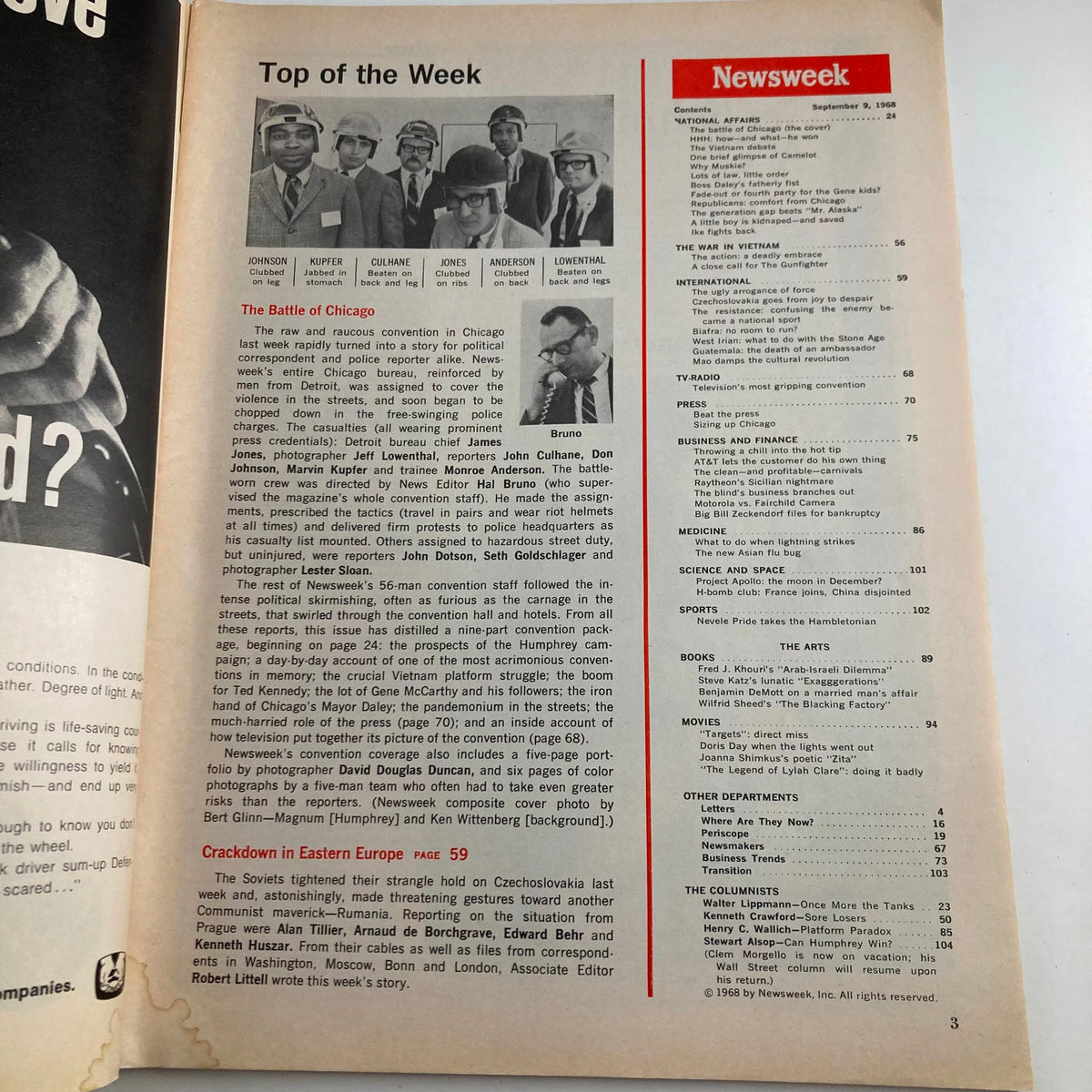 Inside page of VTG Newsweek Magazine September 9 1968 detailing the 'Battle of Chicago' with images of journalists and key figures from the Democratic National Convention.