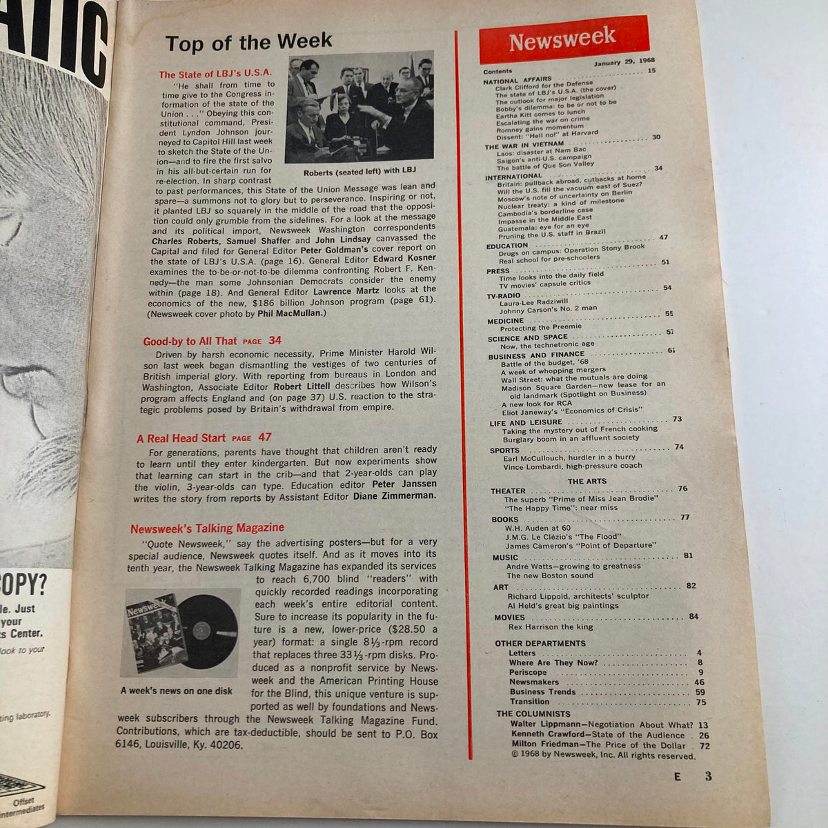 Interior page of VTG Newsweek Magazine from January 29, 1968, displaying the table of contents, highlighting articles related to Lyndon B. Johnson's presidency and significant events of the 1960s.