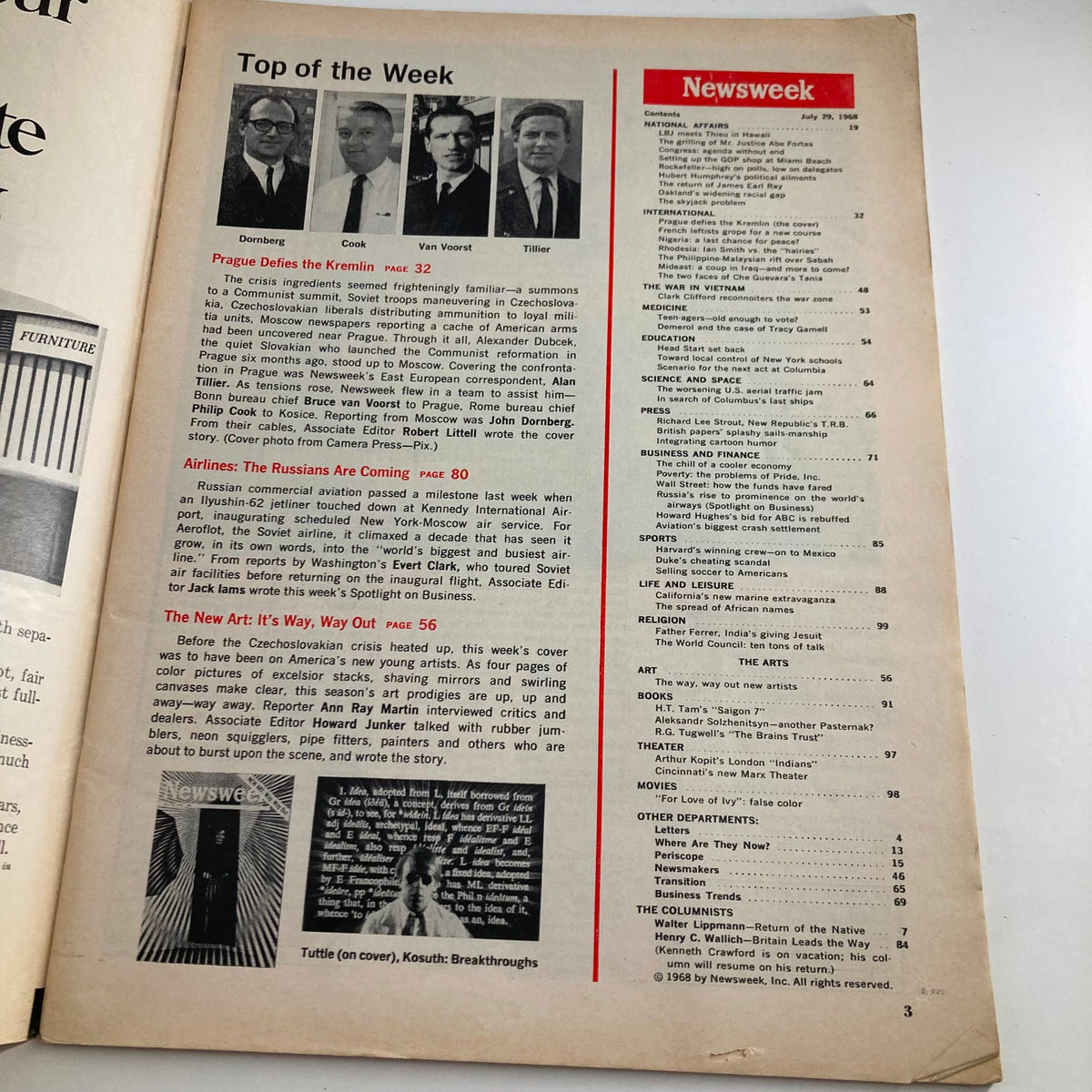 Inside page of VTG Newsweek Magazine July 29, 1968 showing articles including 'Prague Defies the Kremlin' and a table of contents, highlighting Czechoslovakia's political landscape during that era.