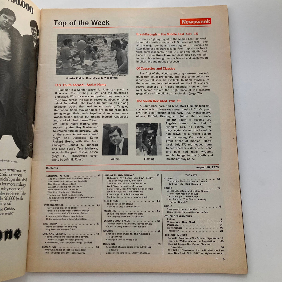 Interior page of VTG Newsweek Magazine August 10 1970 showcasing the contents list including articles and features related to youth culture and current events.