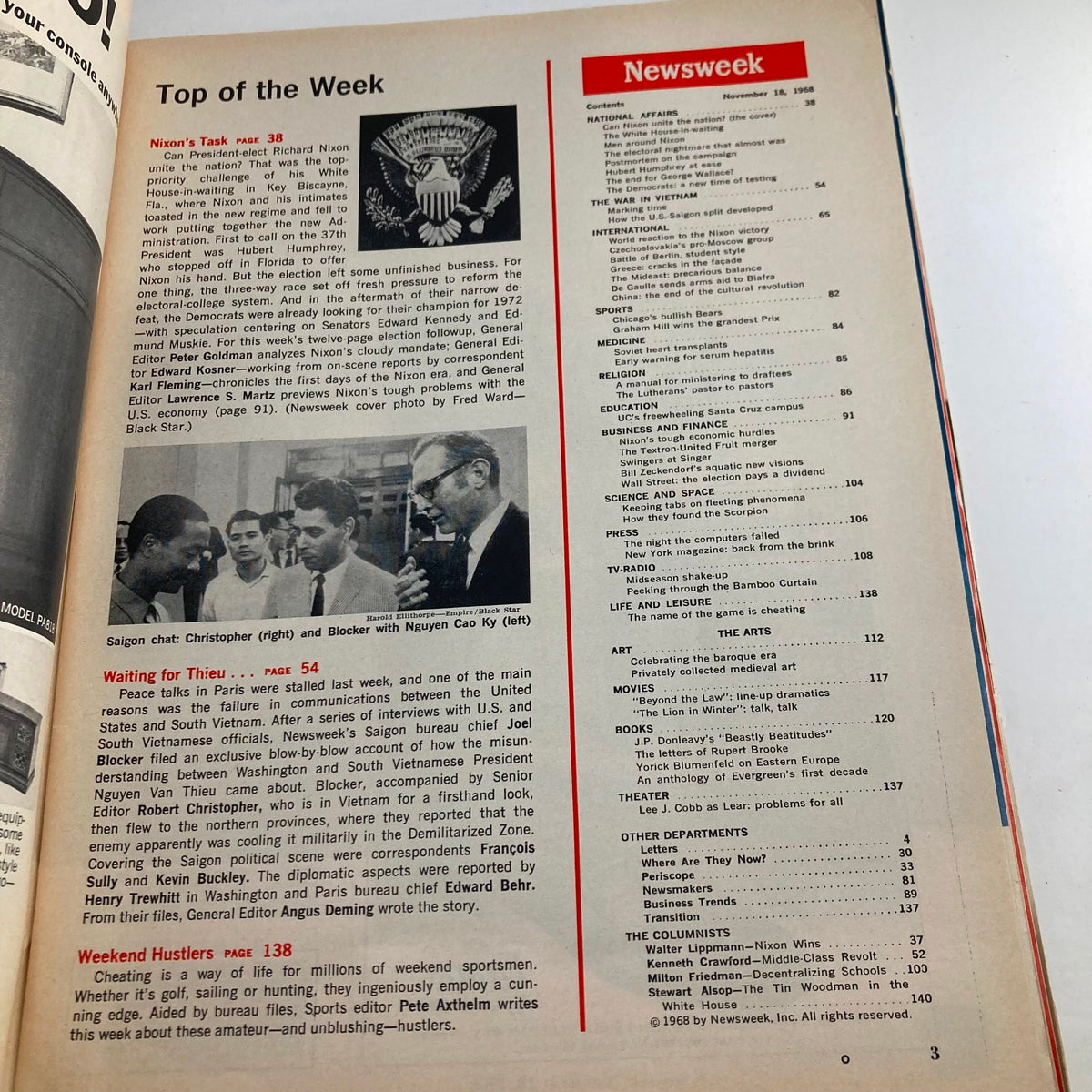 Inside page of VTG Newsweek Magazine November 18, 1968, highlighting articles and content related to Richard Nixon's presidency and political climate, with a notable image of Nixon.