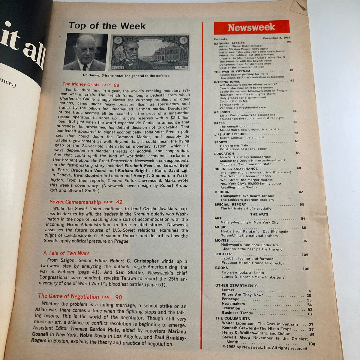 Contents page of VTG Newsweek Magazine December 2, 1968, highlighting articles including 'The Money Crisis' and 'Soviet Gamesmanship'.