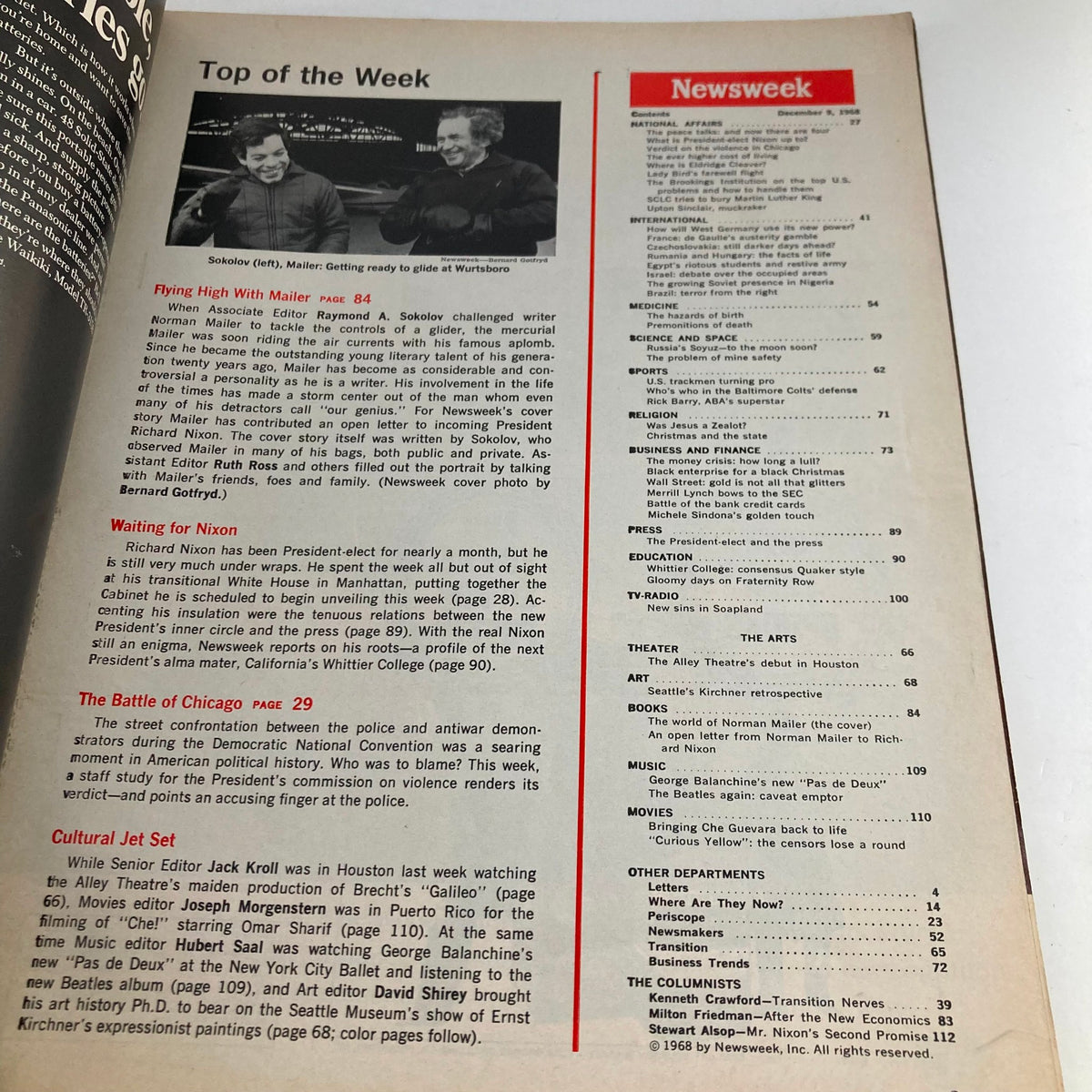 Inside page of the VTG Newsweek Magazine December 9, 1968, listing articles and features including details on Norman Mailer, as well as topics like politics and cultural events from that period.