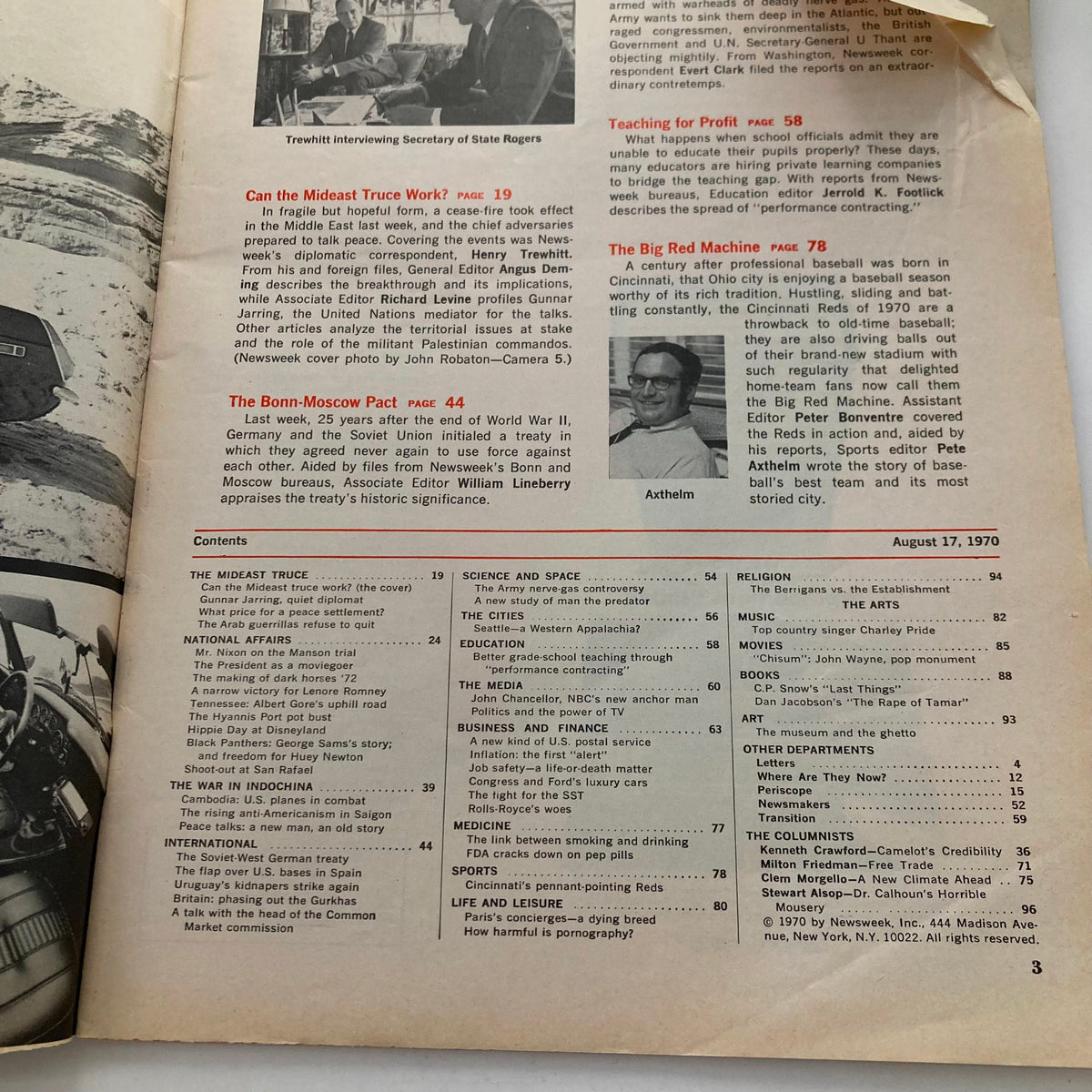 Contents page of the VTG Newsweek Magazine from August 17, 1970, detailing articles including the Mideast truce and international affairs.