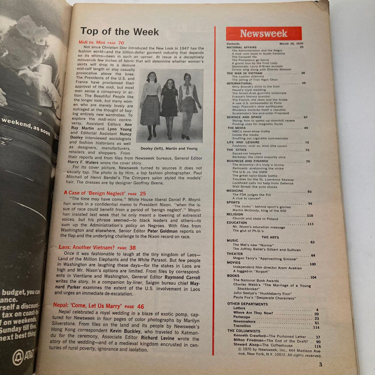Inside page of the VTG Newsweek Magazine March 16 1970, presenting the table of contents and an article about the Midi vs Mini fashion debate.