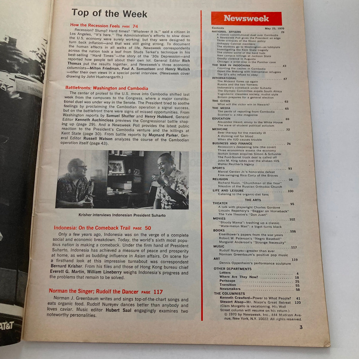 Inside page of VTG Newsweek Magazine May 25 1970 featuring articles on economic issues like recession, wages, and interviews with important figures like Indonesian President Suharto.