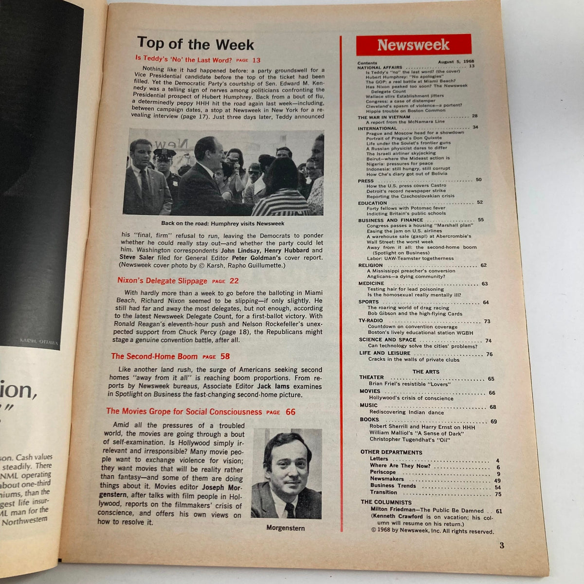 Interior page of VTG Newsweek Magazine August 5, 1968 featuring political content and a photograph of Senator Edward M. Kennedy during a pivotal moment in political history.
