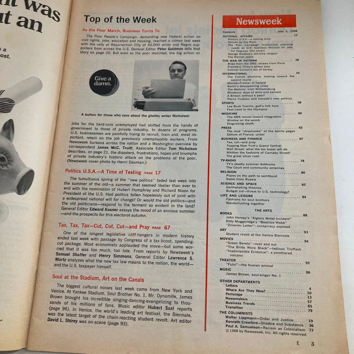 Inside page of VTG Newsweek Magazine July 1, 1968 showcasing the table of contents, including articles related to social issues and the Poor People's March.