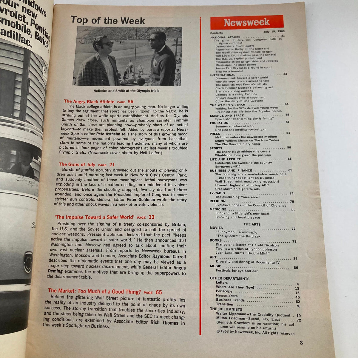 Interior page of VTG Newsweek Magazine July 15 1968 listing contents including an article titled 'The Angry Black Athlete' about Tommie Smith.