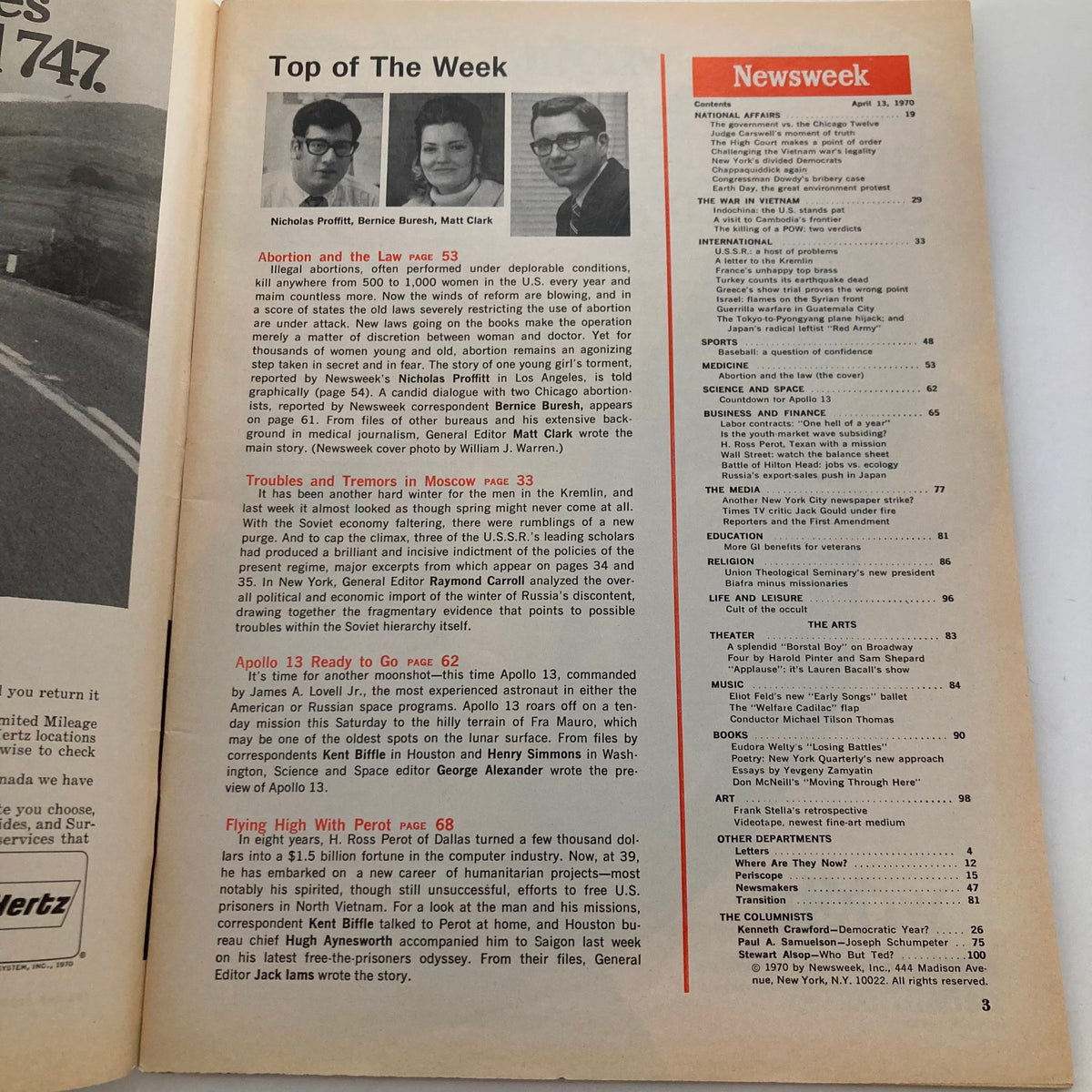 Inside page of Vintage Newsweek Magazine from April 13, 1970, showcasing the table of contents including articles related to 'Abortion and the Law' and other contemporary issues of the time.