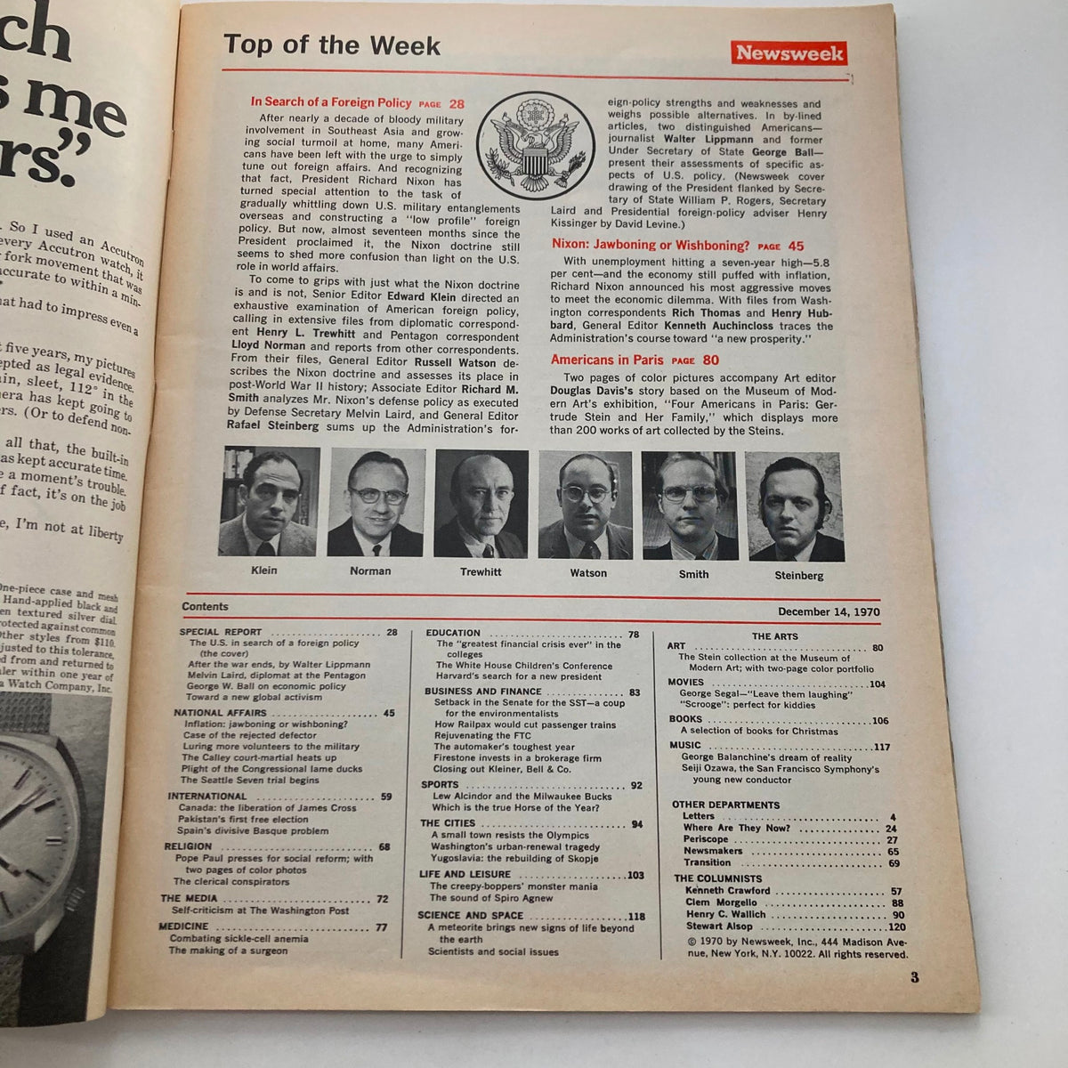 Inside page of VTG Newsweek Magazine December 14, 1970, titled 'Top of the Week,' outlining the table of contents and key articles related to Richard Nixon's foreign policy.