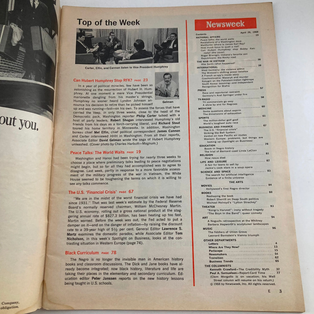 Interior page of VTG Newsweek Magazine April 29 1968 displaying the contents section, highlighting articles including 'Can Hubert Humphrey Stop RFK?' and 'The U.S. Financial Crisis'.