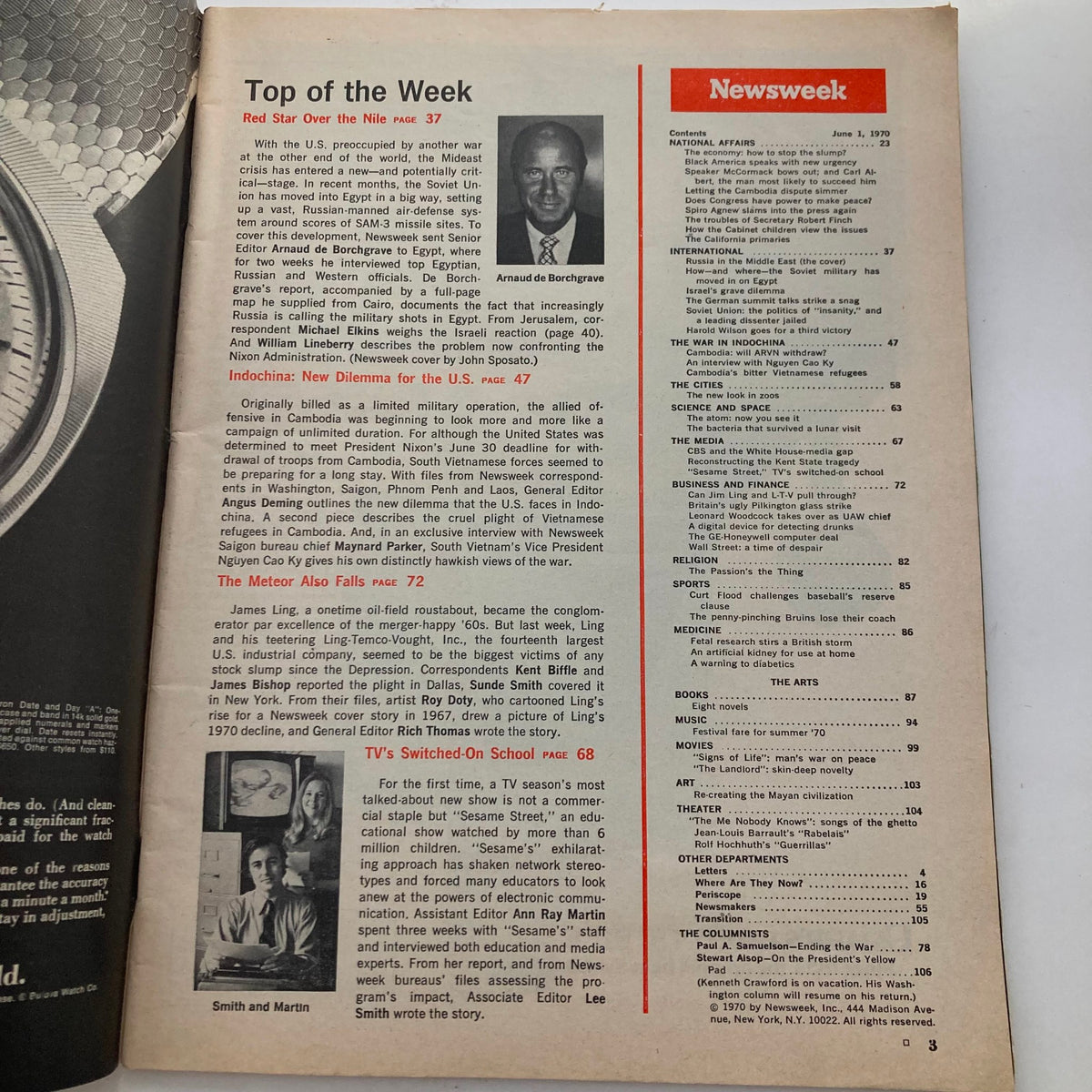Interior page of the VTG Newsweek Magazine June 1 1970 showcasing the table of contents and an article by Arnaud de Borchgrave, focusing on international relations and geopolitical issues.