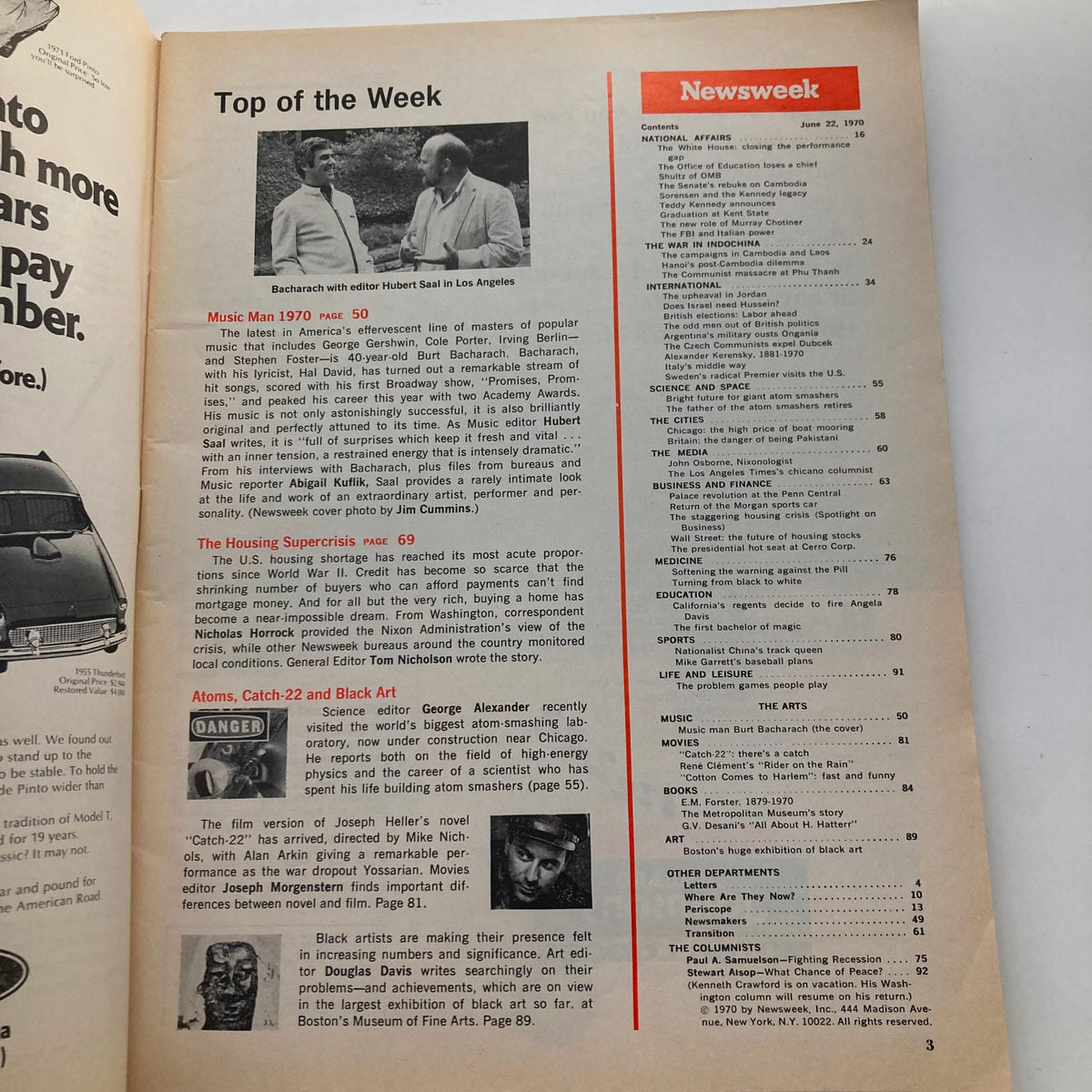 Inside page of VTG Newsweek Magazine June 22, 1970, highlighting content related to 'Music Man 1970' with Burt Bacharach, featuring articles and magazine layout from the historical publication.
