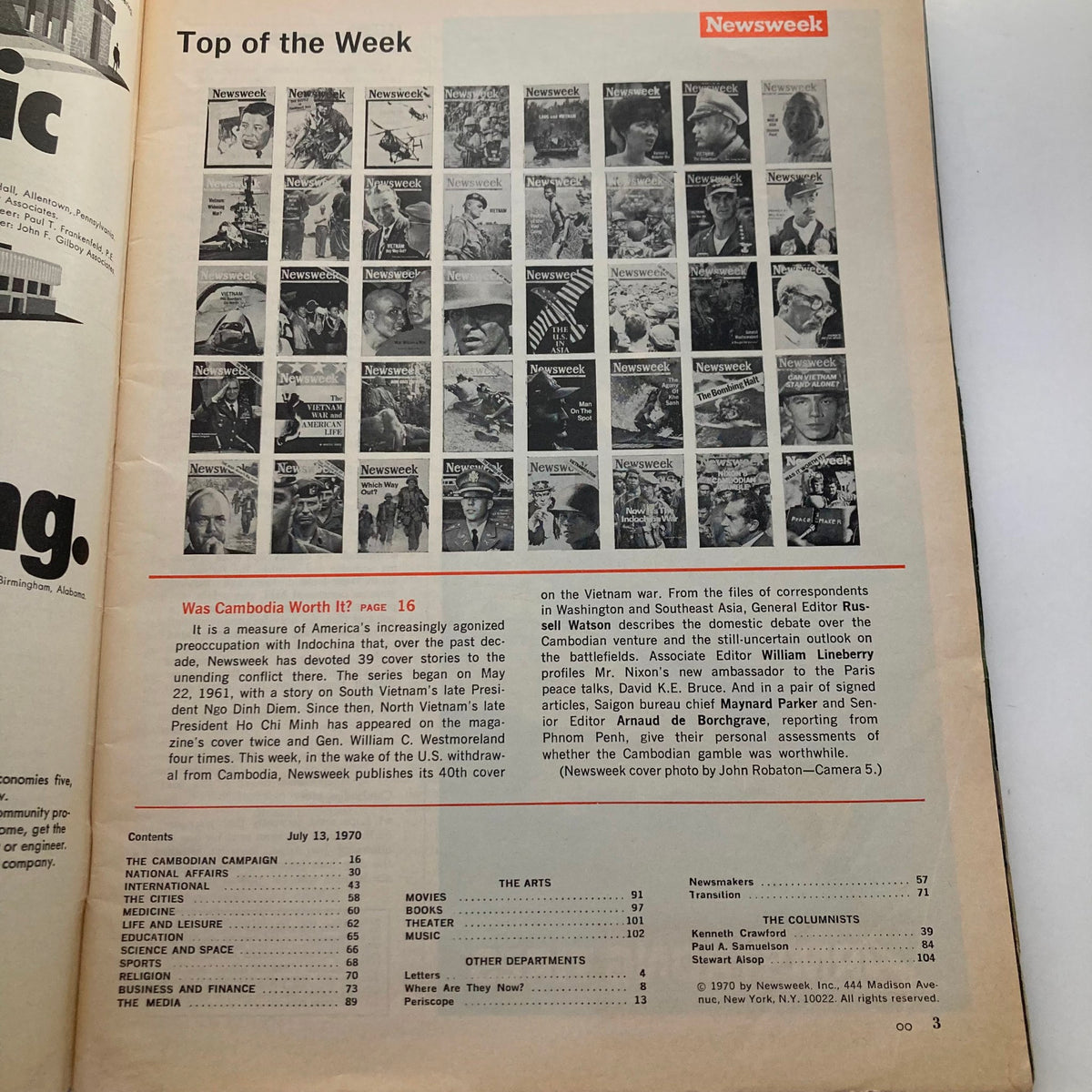 Interior page of VTG Newsweek Magazine July 13, 1970, showcasing the contents page with headlines and articles related to the Cambodian Campaign and the Vietnam War.