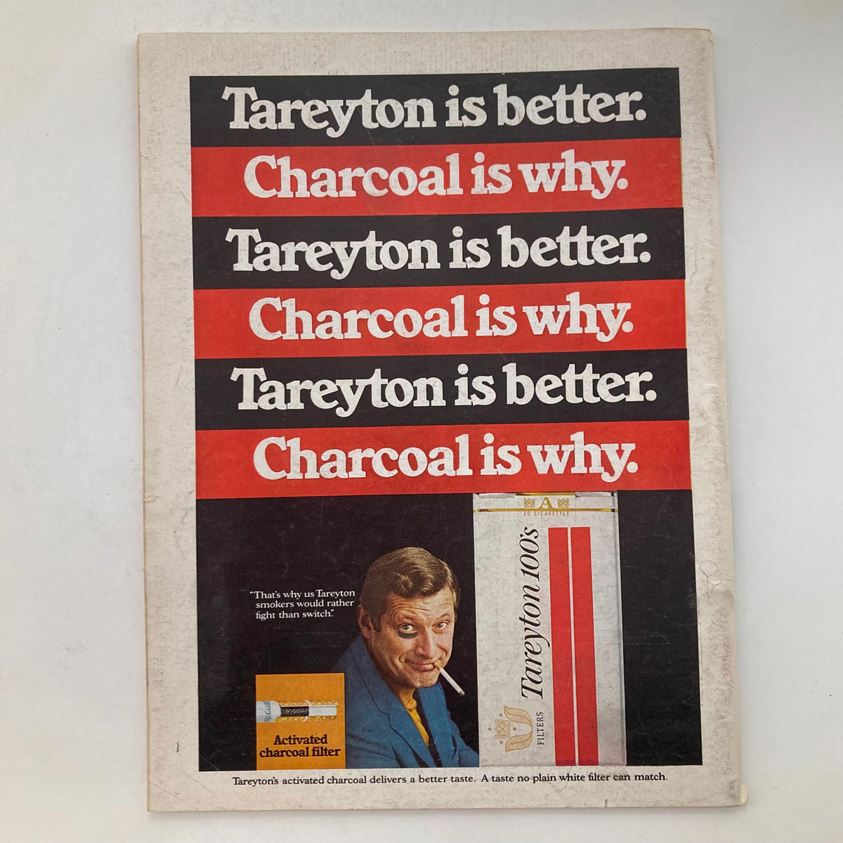 Advertisement page from VTG Newsweek Magazine March 8 1971 promoting Tareyton cigarettes with bold text and an image of a man, showcasing vintage advertising style.
