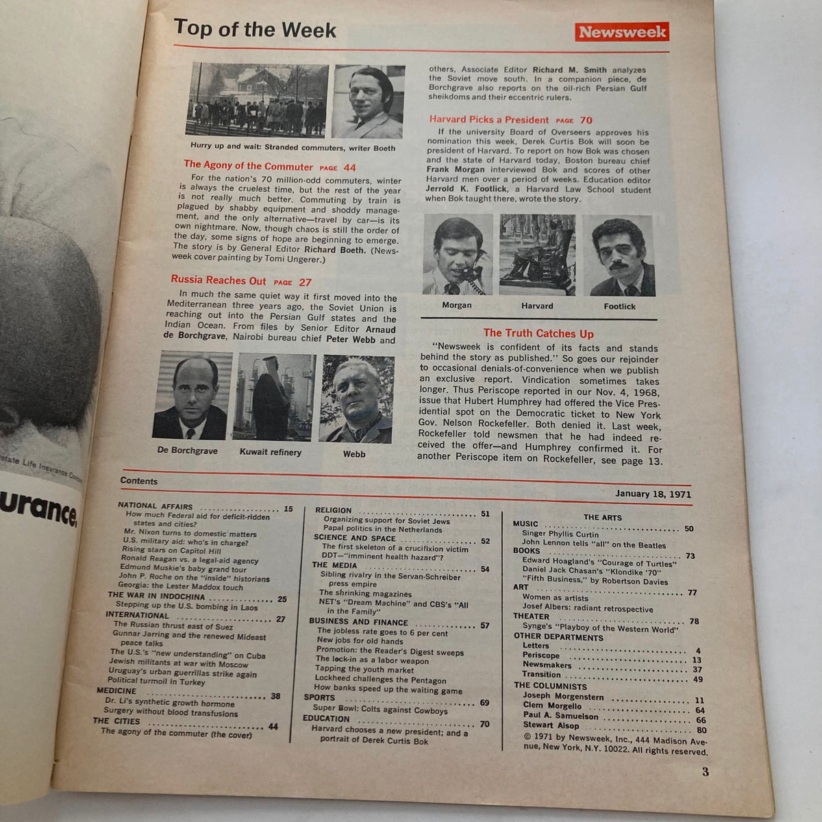 Inside page of VTG Newsweek Magazine January 18 1971 showing the contents with focus on 'The Agony of the Commuter' article, highlighting various sections of the magazine.