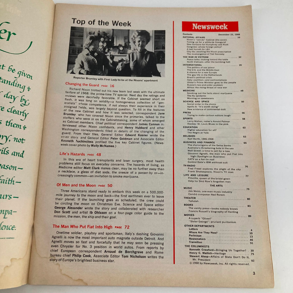 Inside page of VTG Newsweek Magazine December 23 1968, showcasing the table of contents and key articles relevant to Richard Nixon and the political climate of the era.