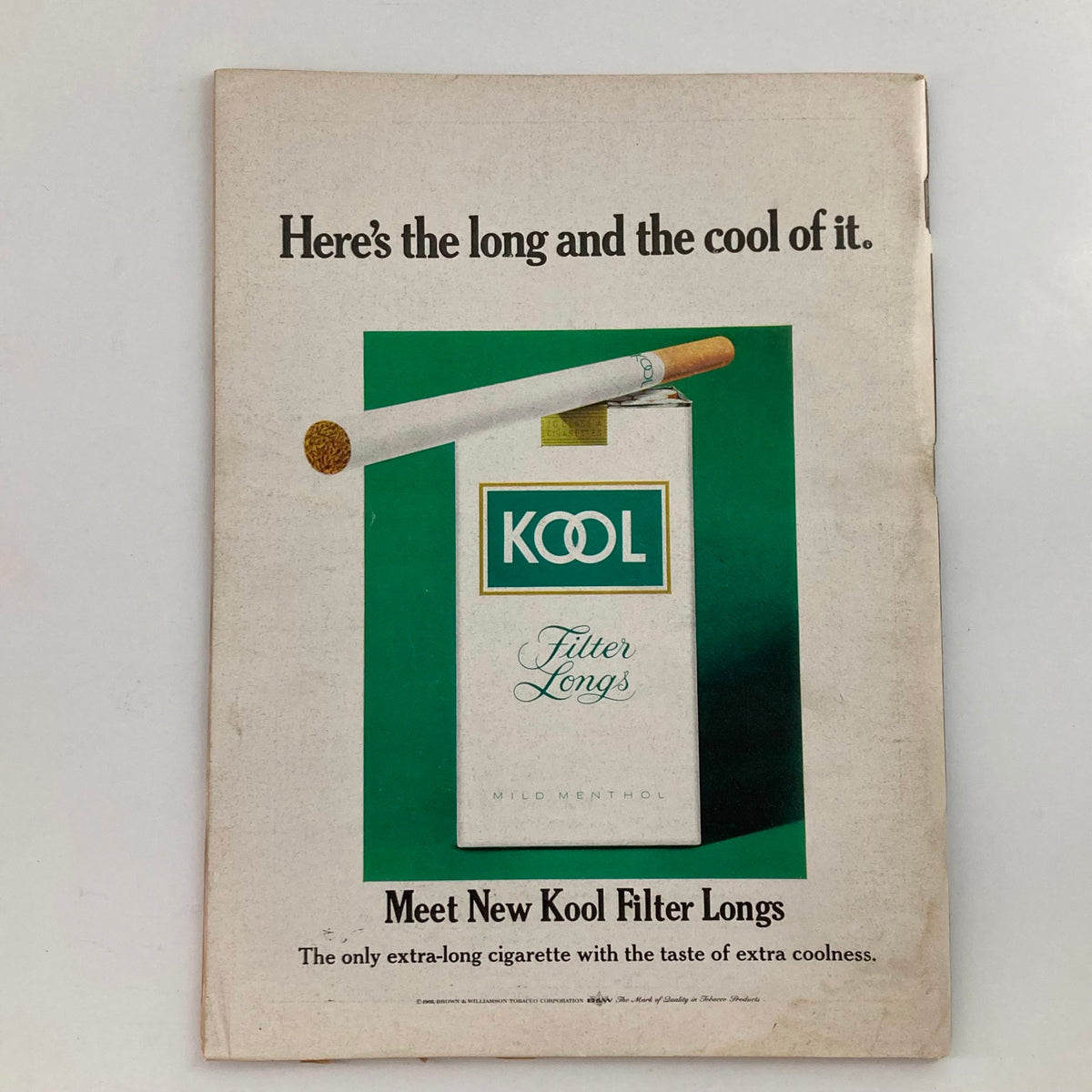 Advertisement for Kool Filter Longs cigarette in the VTG Newsweek Magazine dated October 21, 1968.