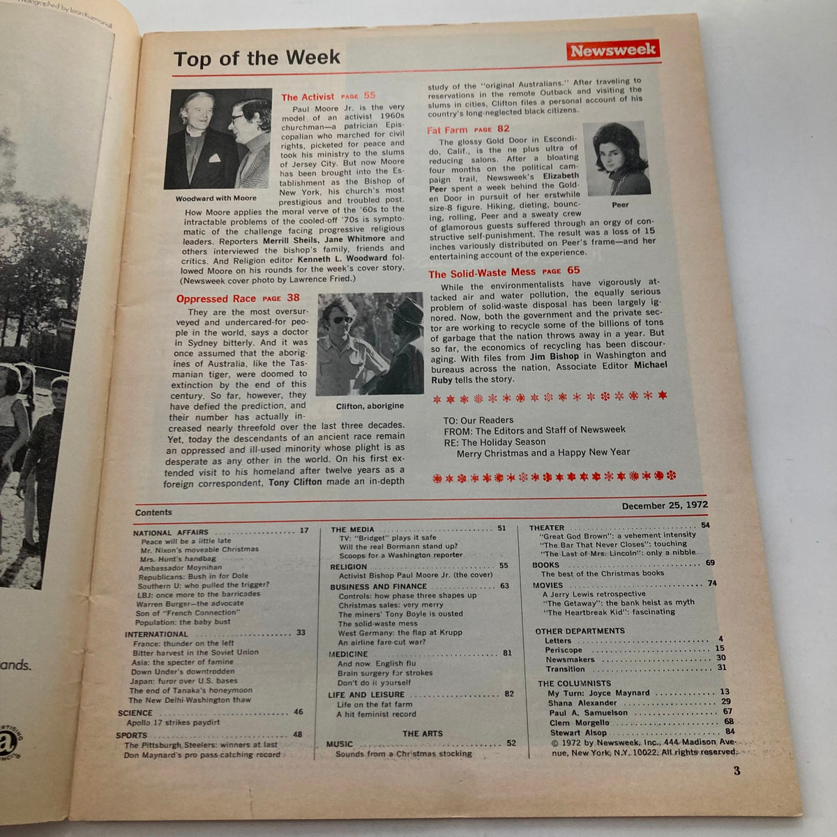 Interior page of VTG Newsweek Magazine from December 25, 1972, featuring content about Episcopal Bishop Paul Moore Jr. and articles addressing social issues of the time.