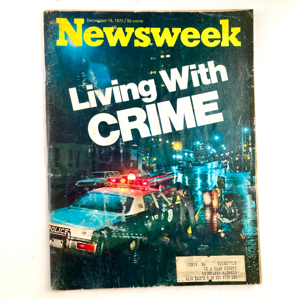 Vintage Newsweek Magazine Cover dated December 18, 1972, featuring the title 'Living with Crime' with a police scene, reflecting urban crime issues in America.
