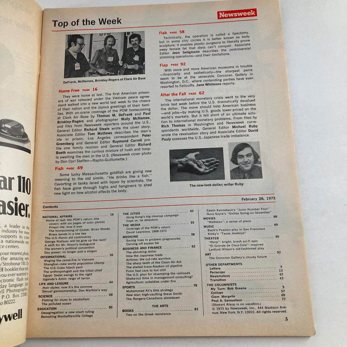 Interior page from the February 26, 1973 Newsweek magazine, featuring content related to current affairs and articles including a discussion on American POWs. Title includes 'VTG Newsweek Magazine February 26 1973 Lt. Cmdr. Paul Galanti and Wife'.