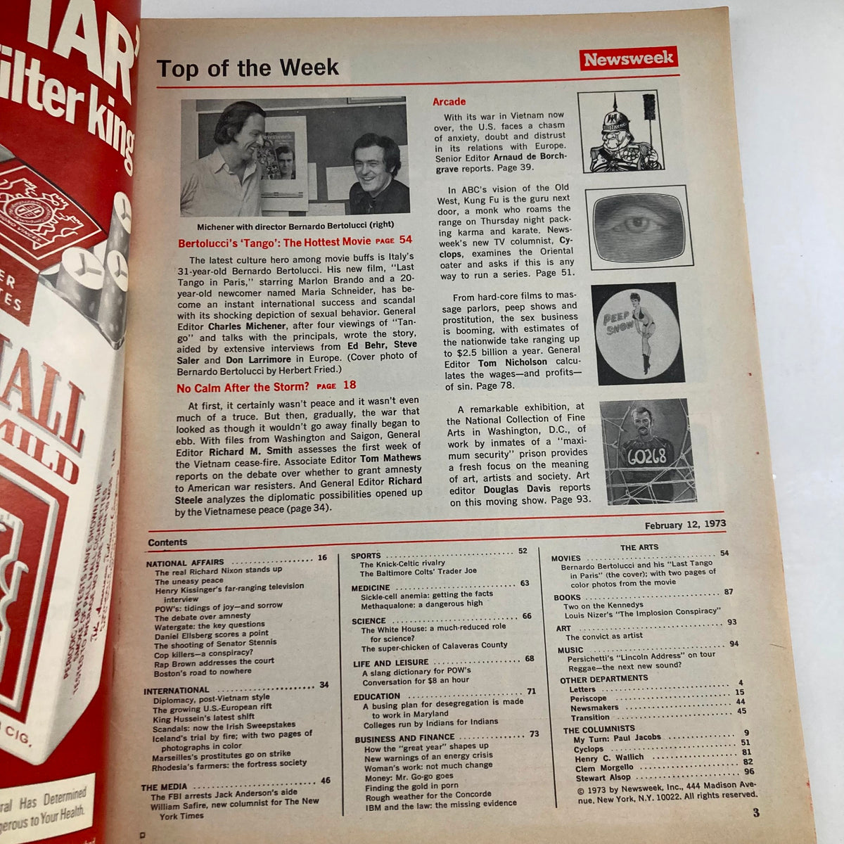 Inside page of VTG Newsweek Magazine February 12 1973 showcasing an article about Director Bernardo Bertolucci, including a photograph of Bertolucci and a detailed layout of contents.