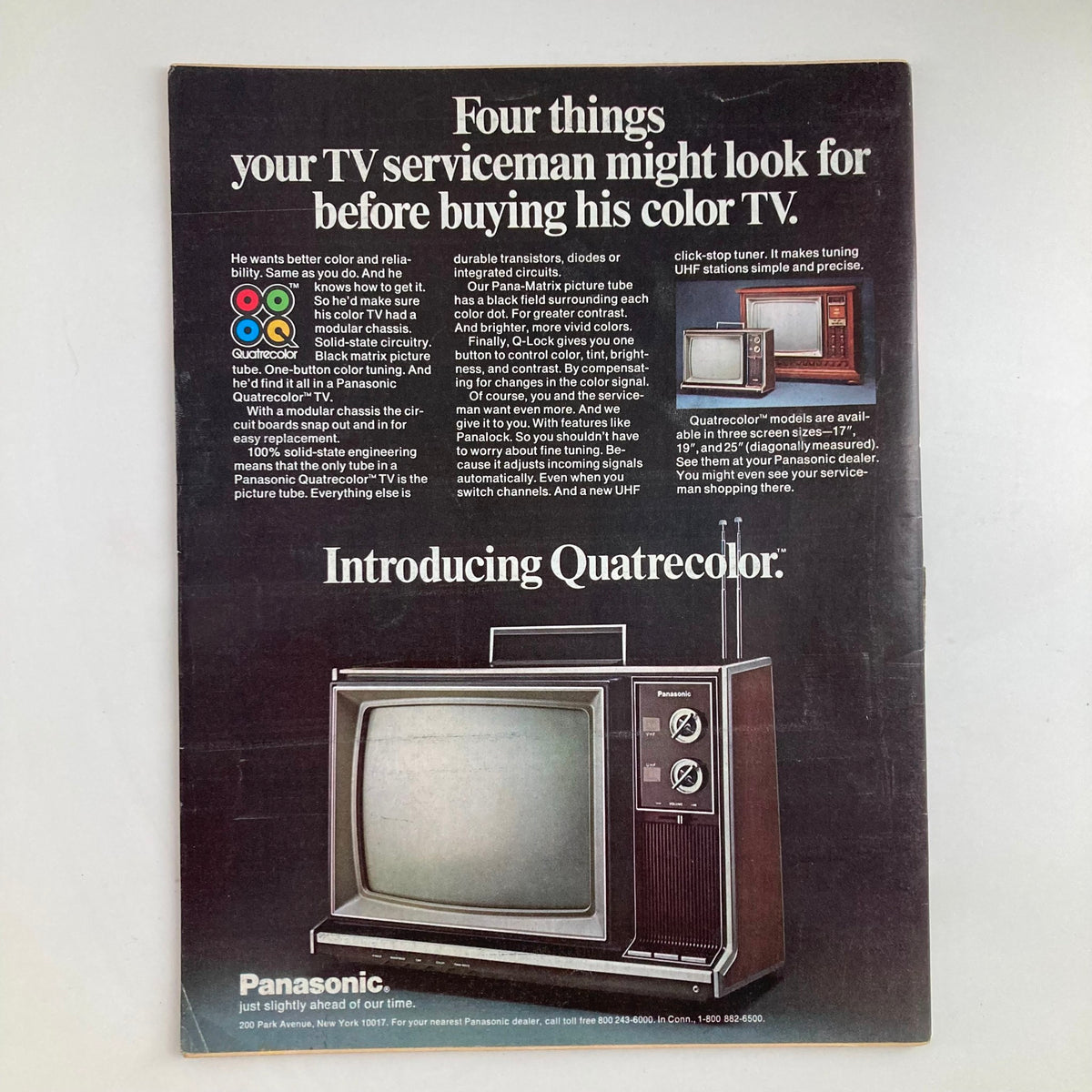 Vintage advertisement for a Panasonic Quatreccolor TV showcasing features and reliability, associated with the VTG Newsweek Magazine from February 12, 1973, featuring director Bernardo Bertolucci.