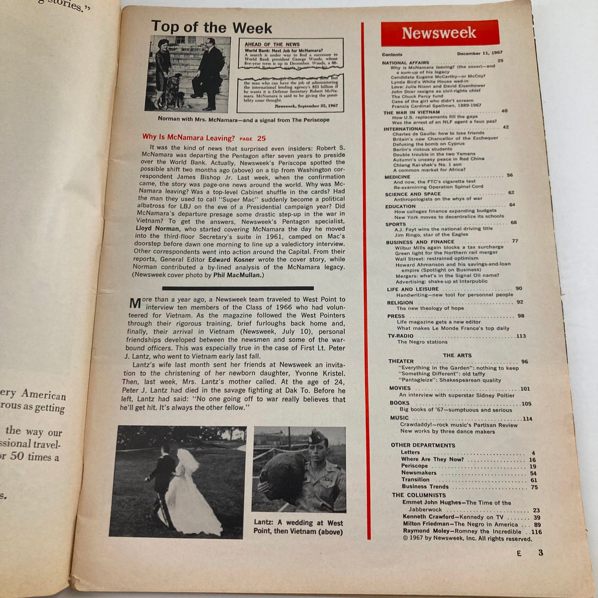 Inside page of VTG Newsweek Magazine December 11, 1967, detailing the story of Robert McNamara's departure from the Pentagon with various content sections.