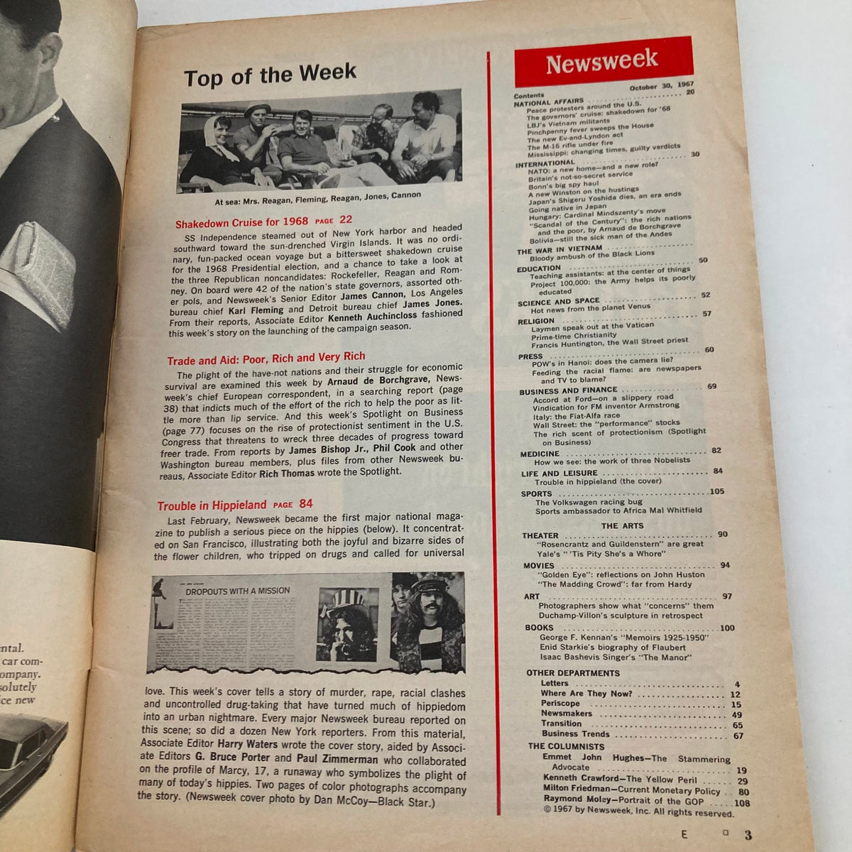 Interior page of the VTG Newsweek Magazine from October 30, 1967, showcasing the table of contents with a featured article titled "Trouble in Hippieland," outlining major themes of the era.