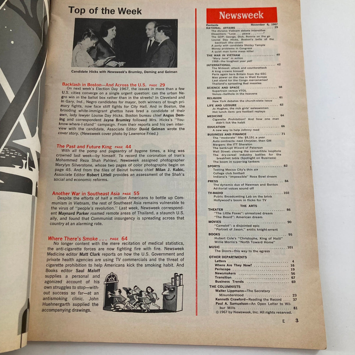 Interior page of VTG Newsweek Magazine from November 6, 1967, showcasing the table of contents and highlighting articles including 'Backlash in Boston' and 'The Past and Future King'.