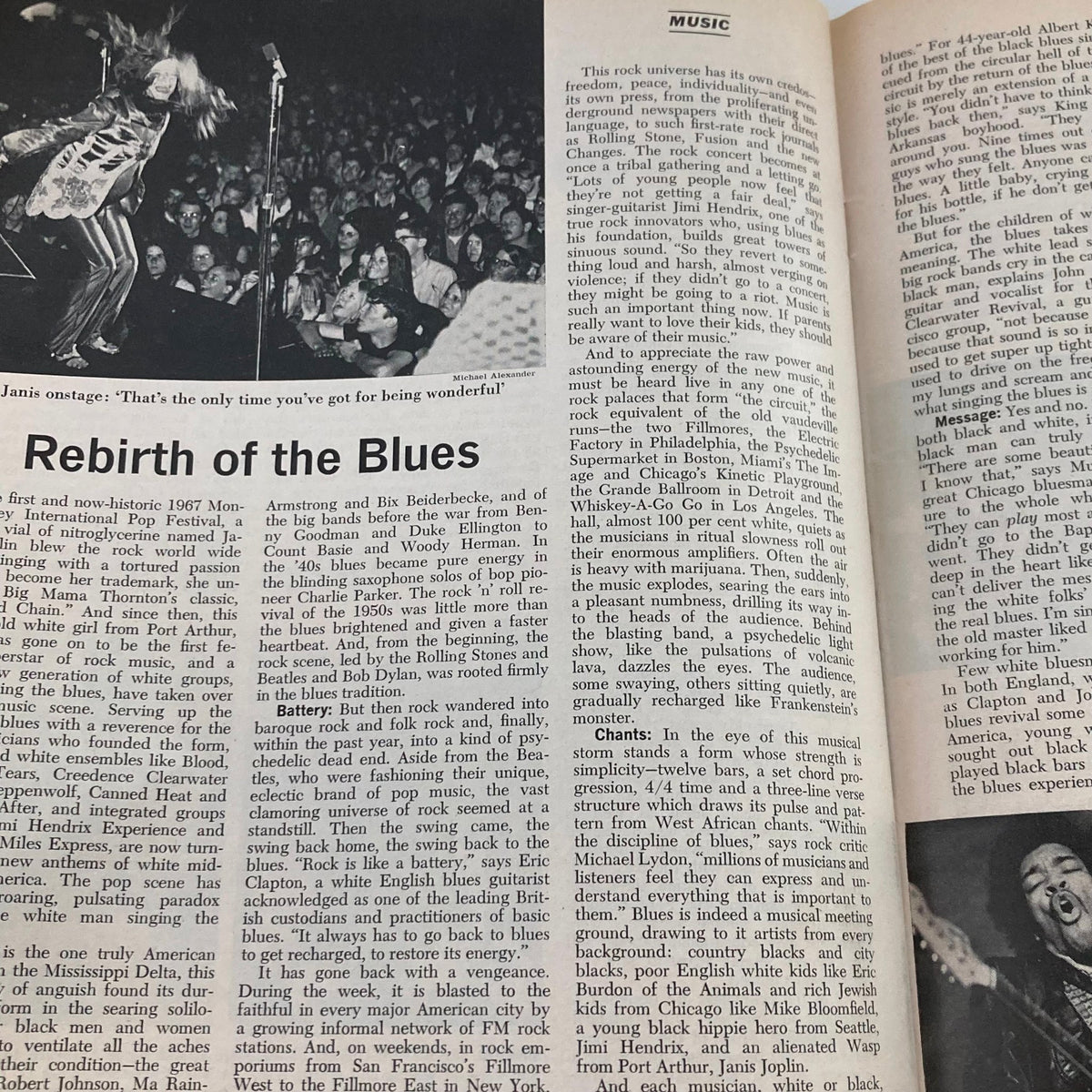Spread from VTG Newsweek Magazine May 26 1969 showcasing Janis Joplin performing live, illustrating the theme of 'Rebirth of the Blues'.
