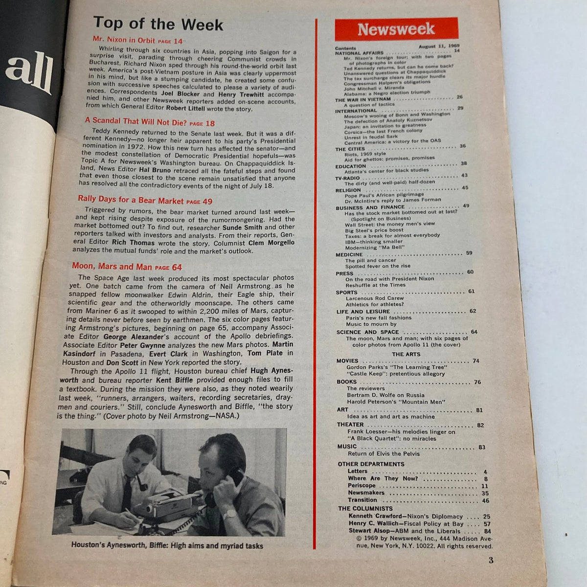 Inside page of VTG Newsweek Magazine August 11, 1969, listing table of contents with article highlights including 'Moon, Mars, and Man'.