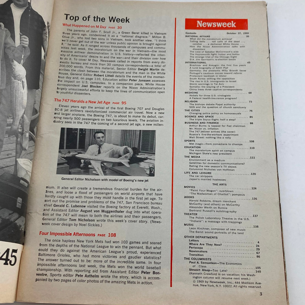 Interior page of VTG Newsweek Magazine October 27, 1969, showcasing the article 'The 747 Heralds a New Jet Age' with a photograph of General Editor Nicholson and model of Boeing's new jet.